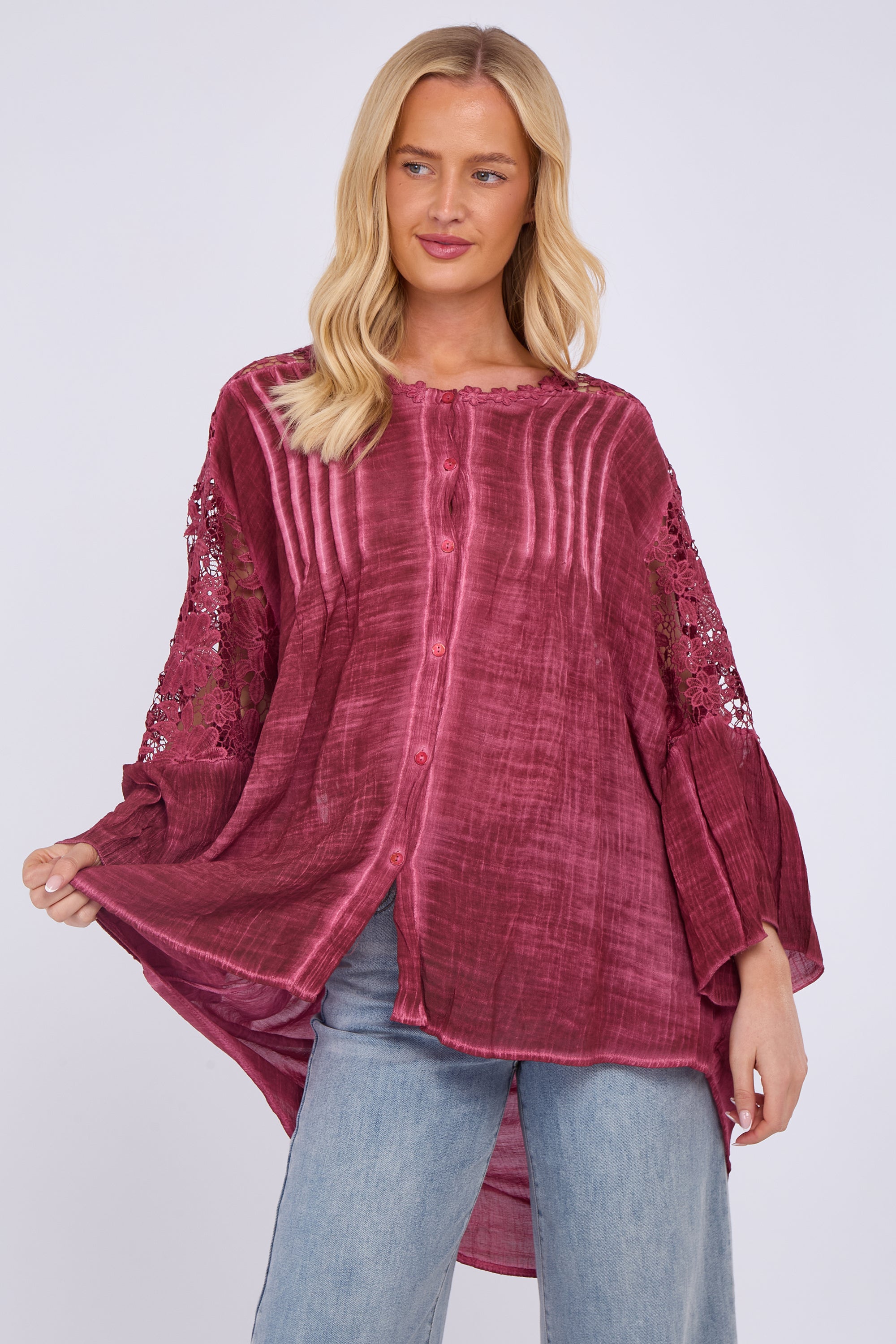 Lace Sleeve Button Front Shirt