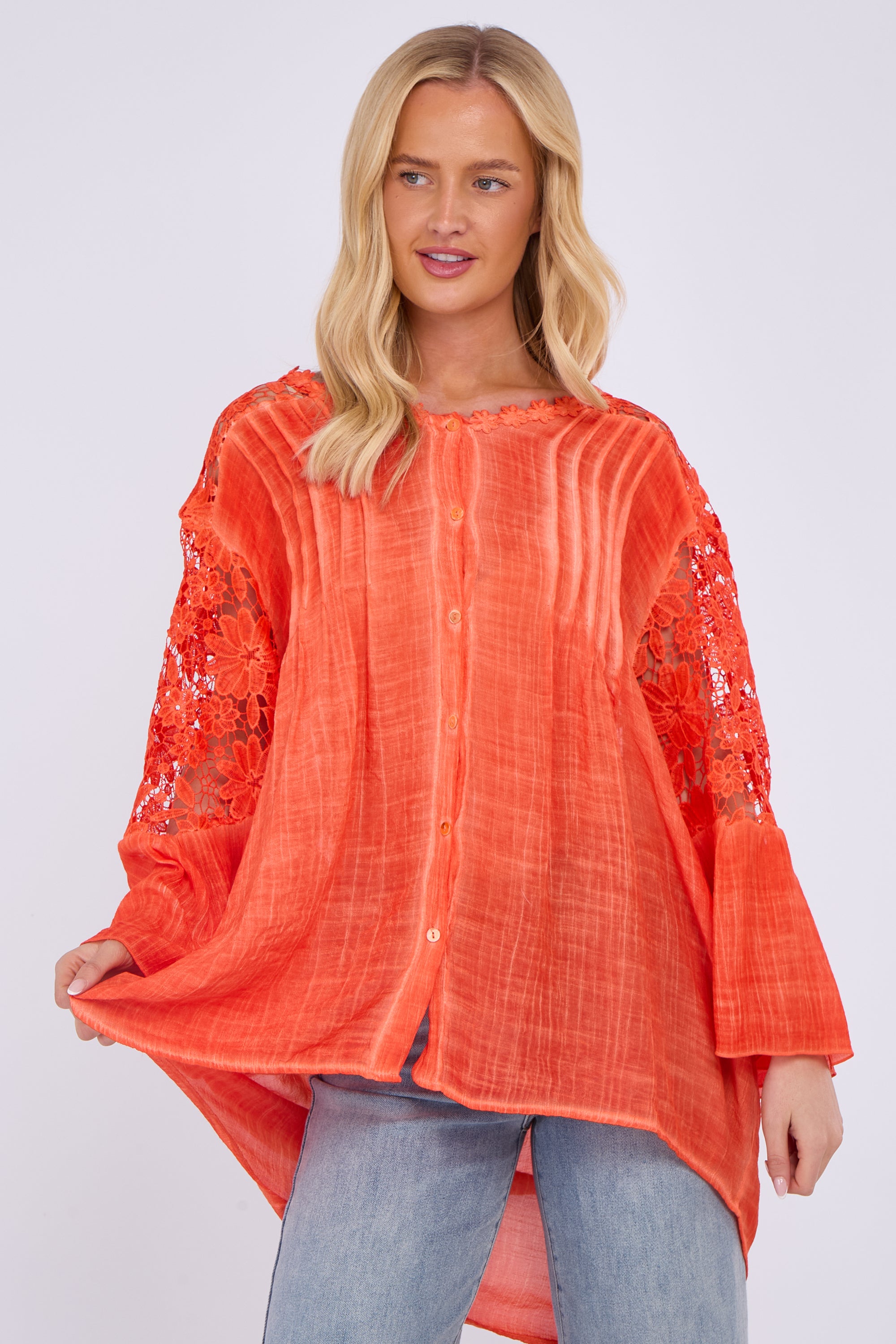 Lace Sleeve Button Front Shirt