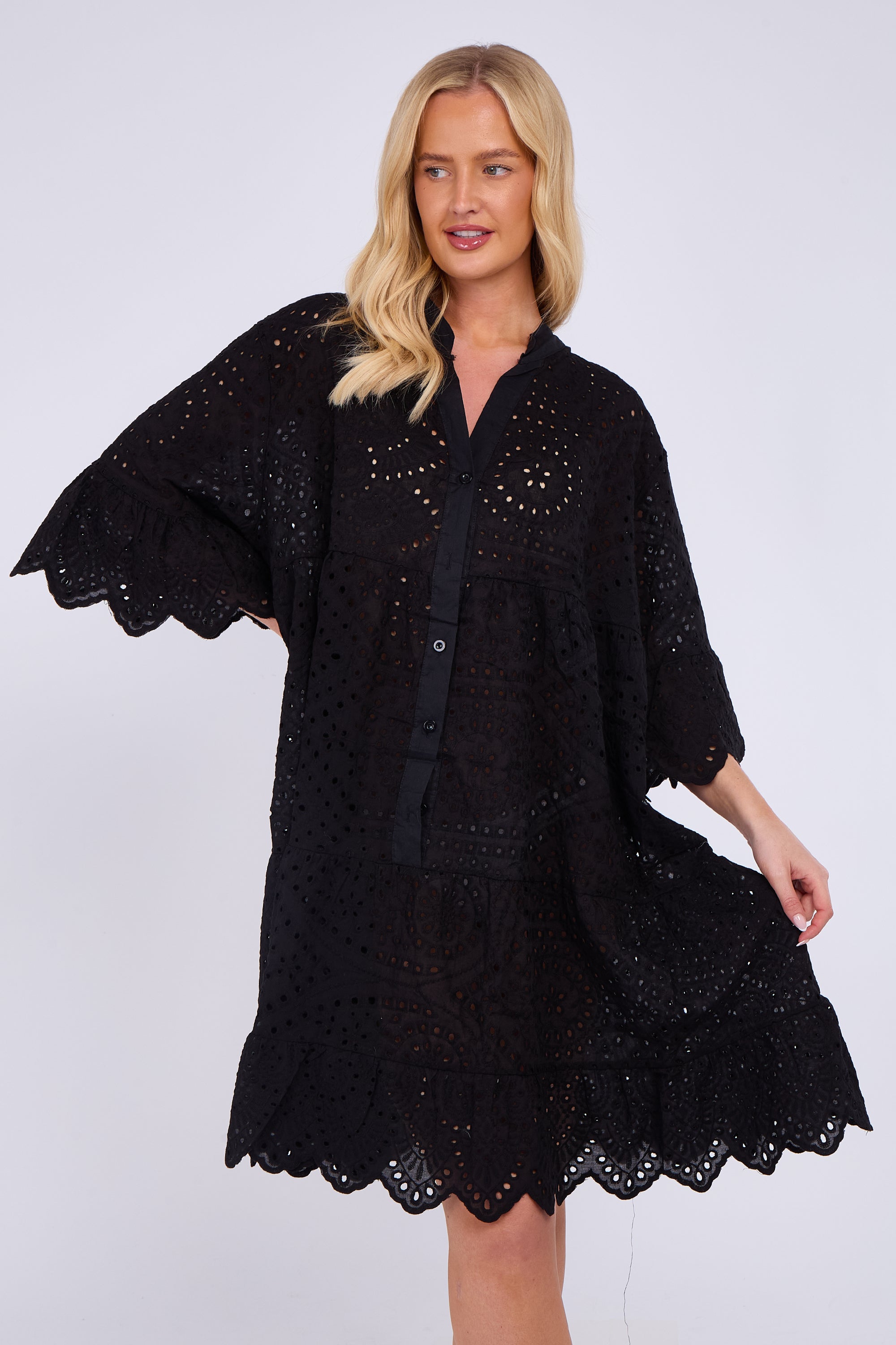 Broderie Lace Button Front Mini Dress