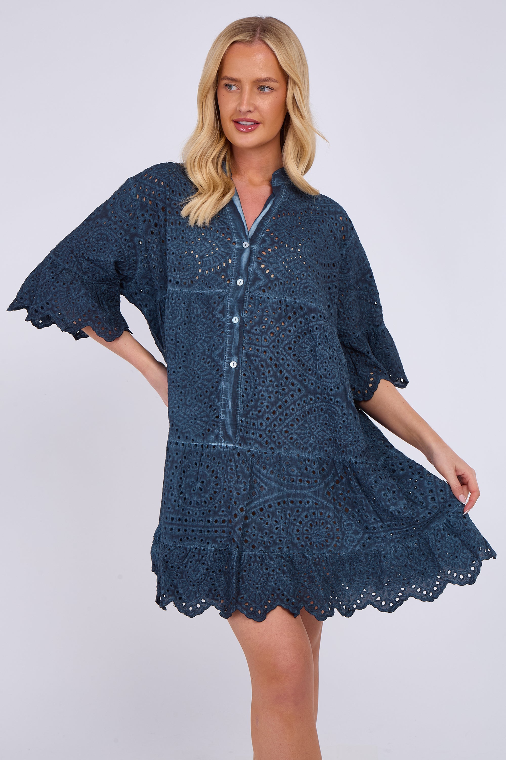 Broderie Lace Button Front Mini Dress