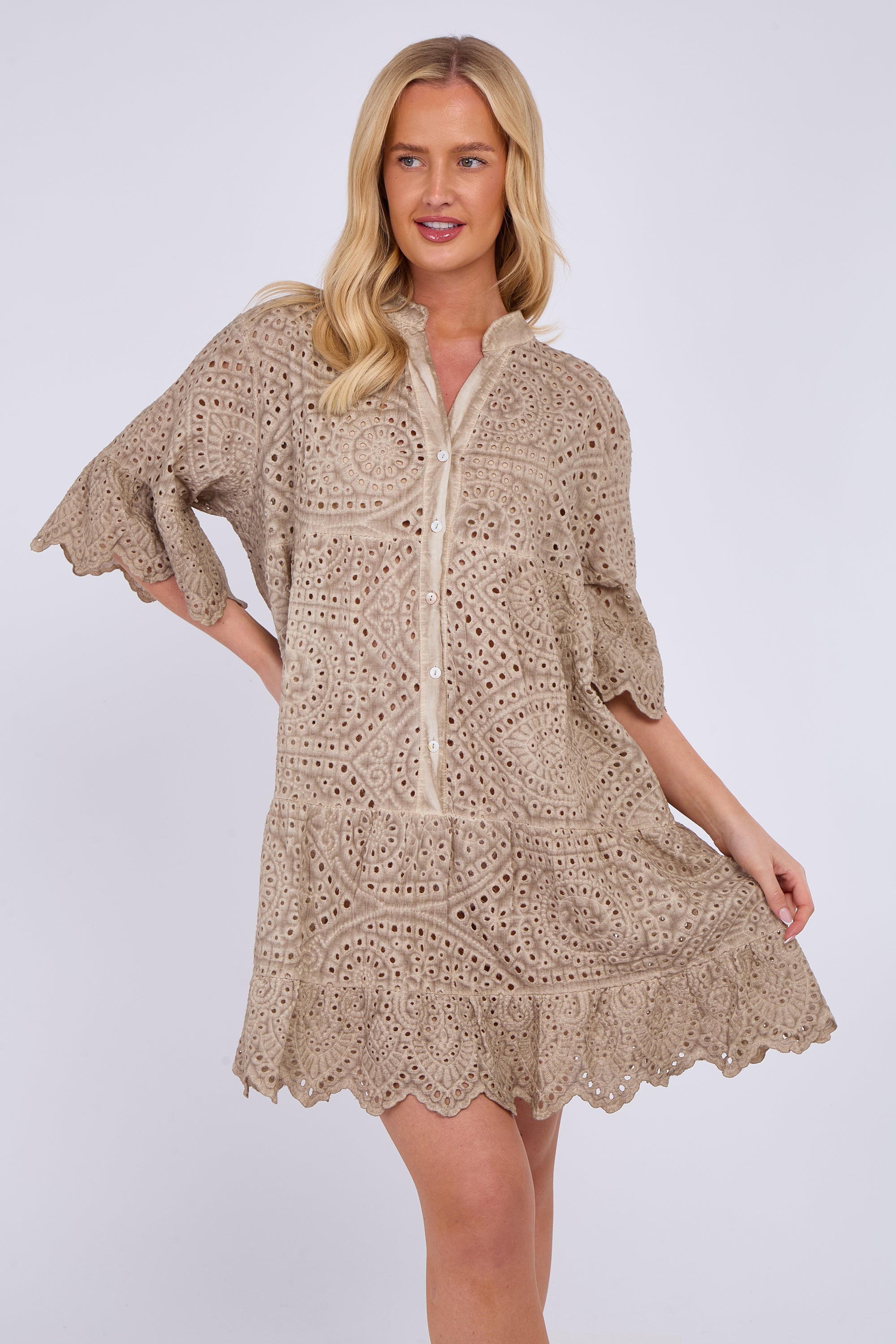 Broderie Lace Button Front Mini Dress