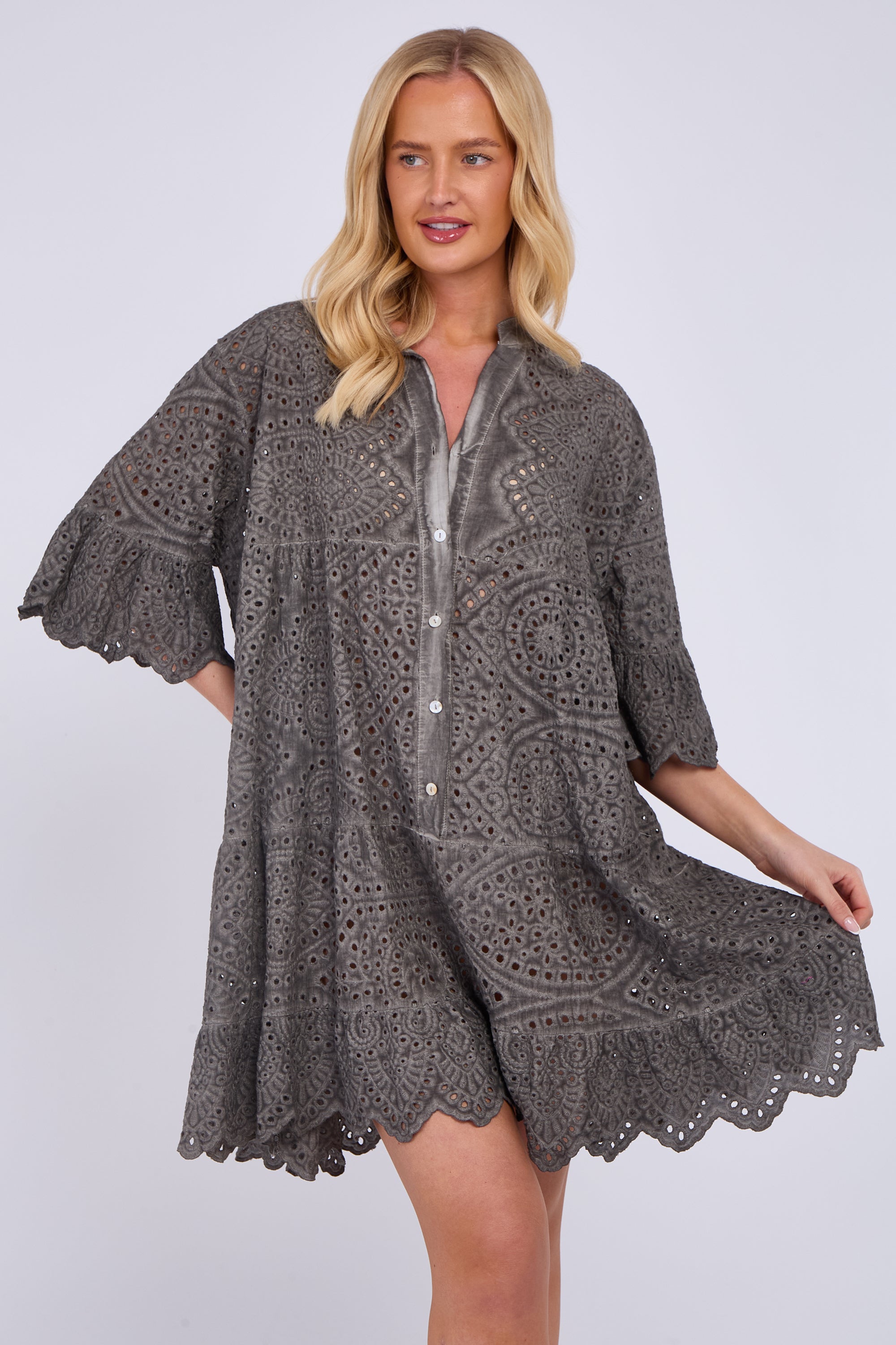 Broderie Lace Button Front Mini Dress