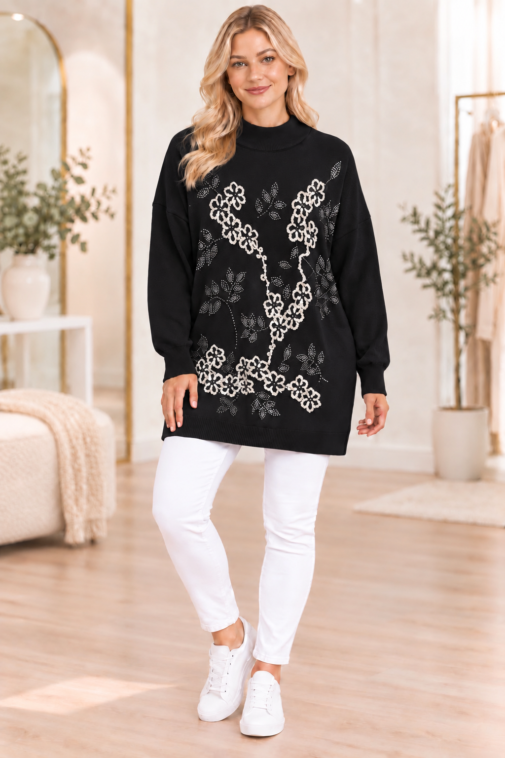 Floral embroidered high neck longline jumper