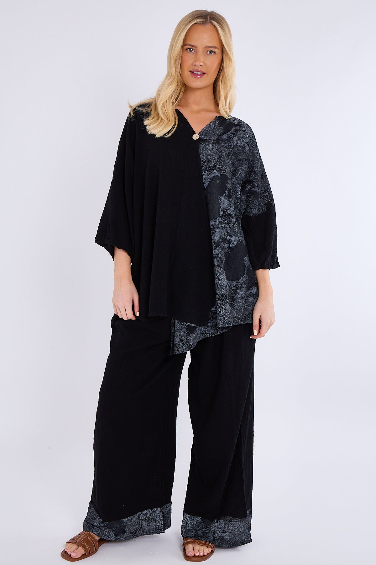 Asymmetric Print Button Detail Top & Trouser Co Ord Set