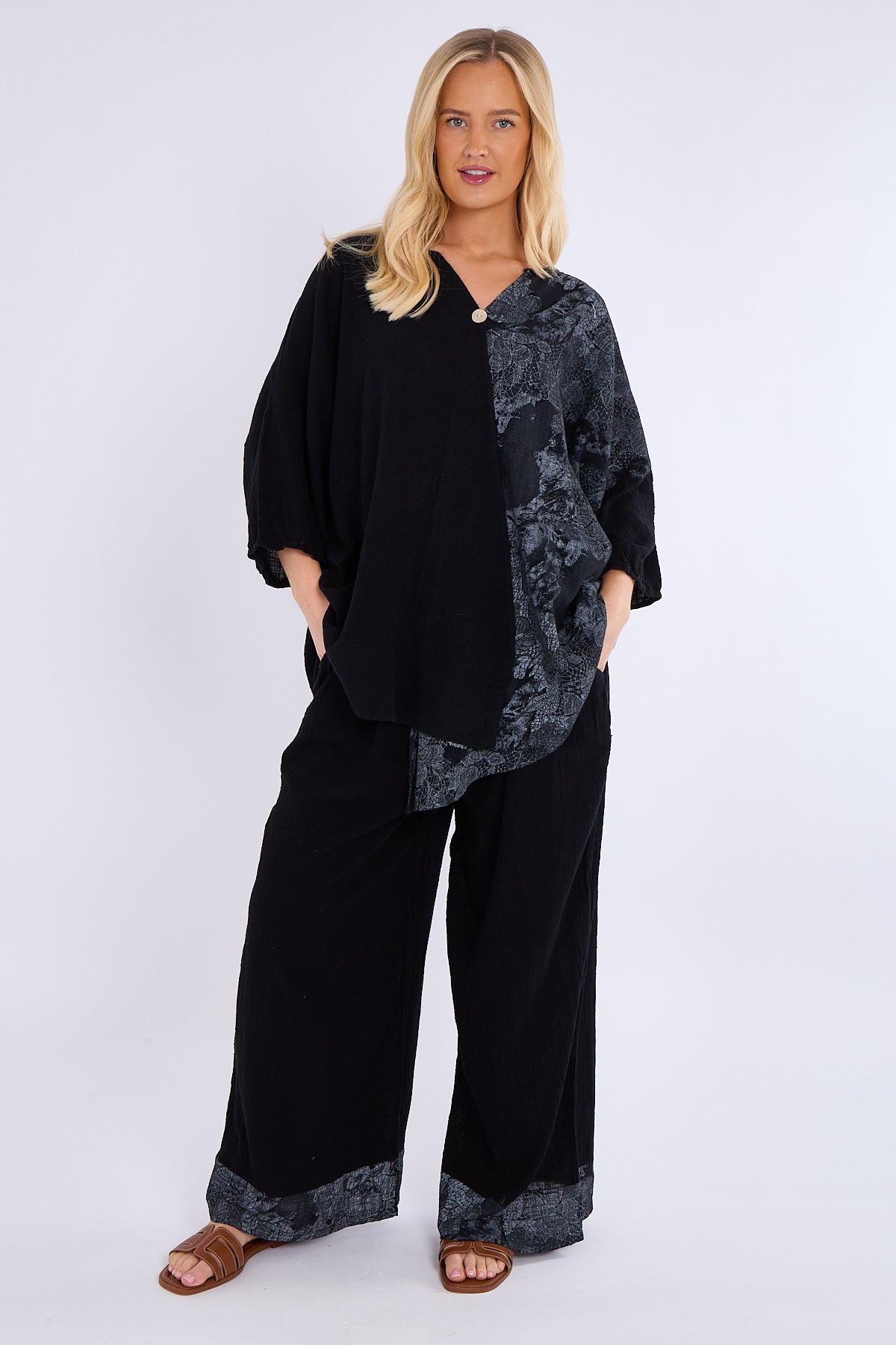 Asymmetric Print Button Detail Top & Trouser Co Ord Set