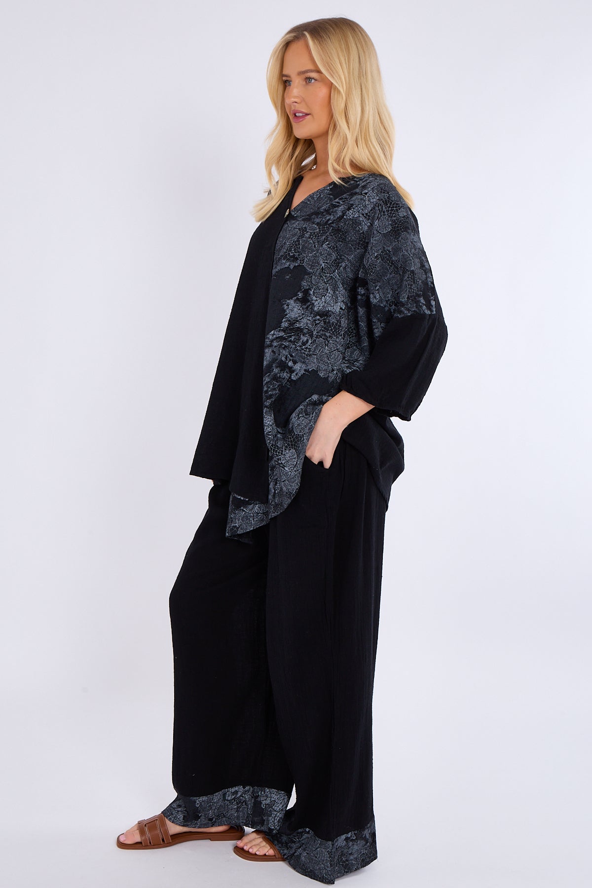 Asymmetric Print Button Detail Top & Trouser Co Ord Set