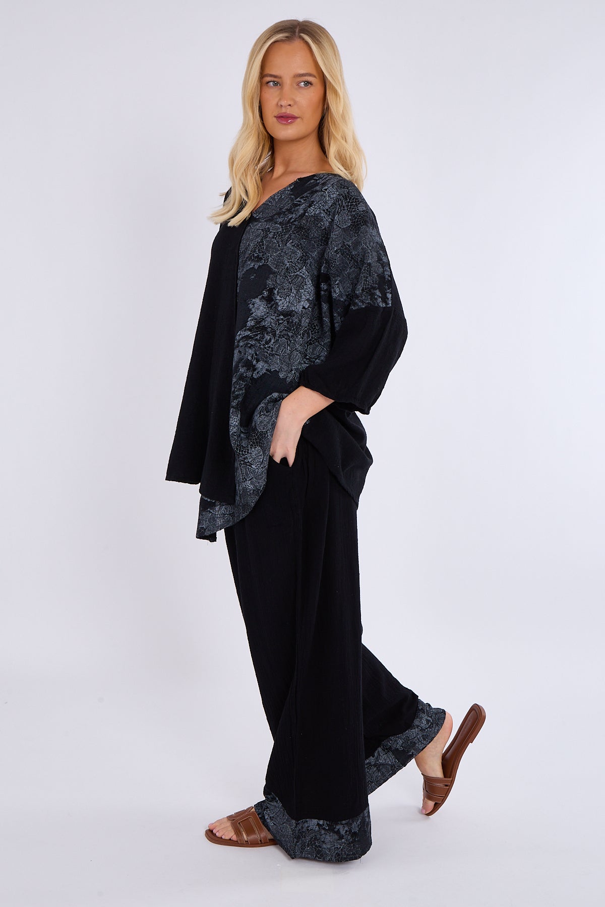 Asymmetric Print Button Detail Top & Trouser Co Ord Set