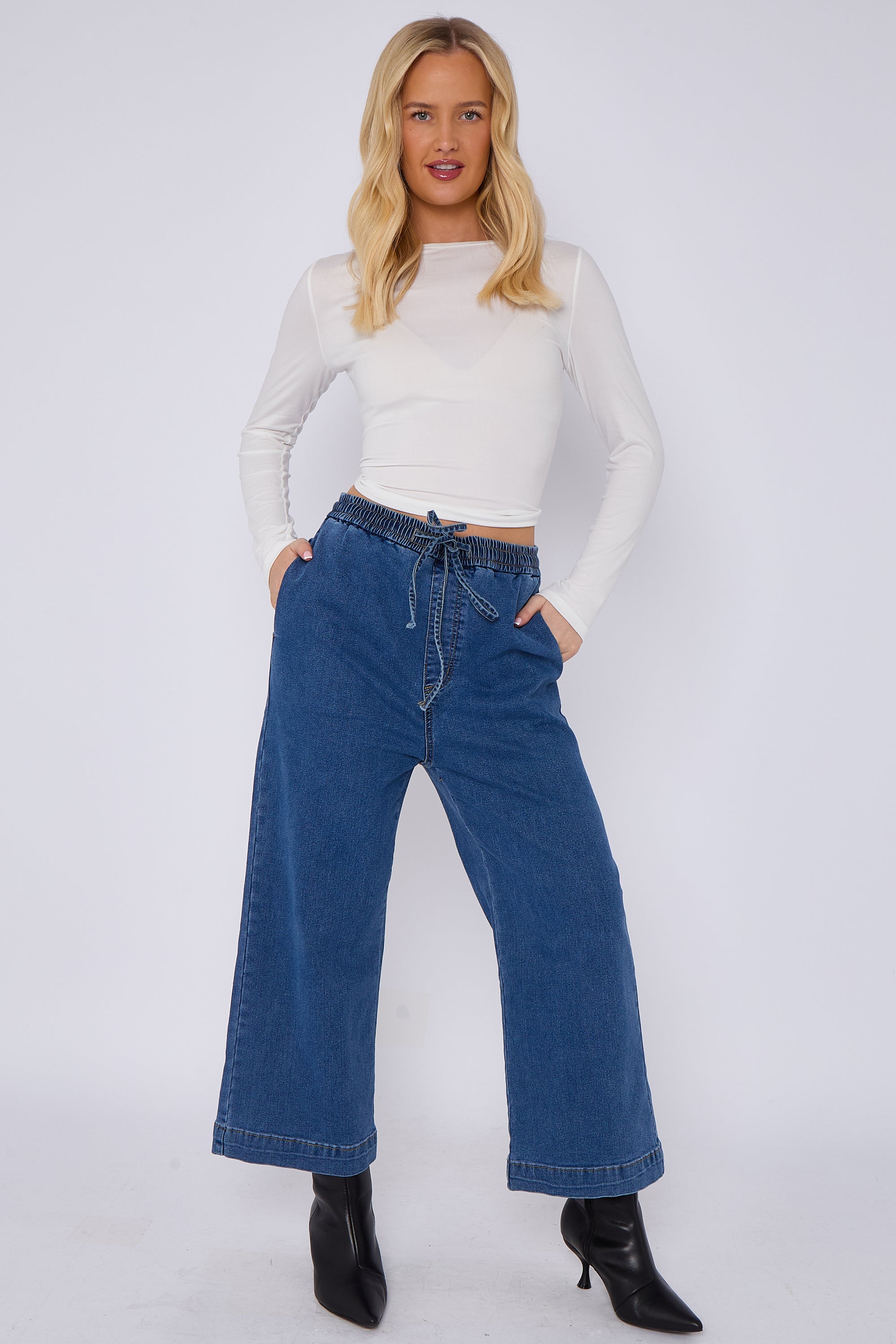 Blue Mid Wash Elastic Waist Wide Leg Denim Jeans