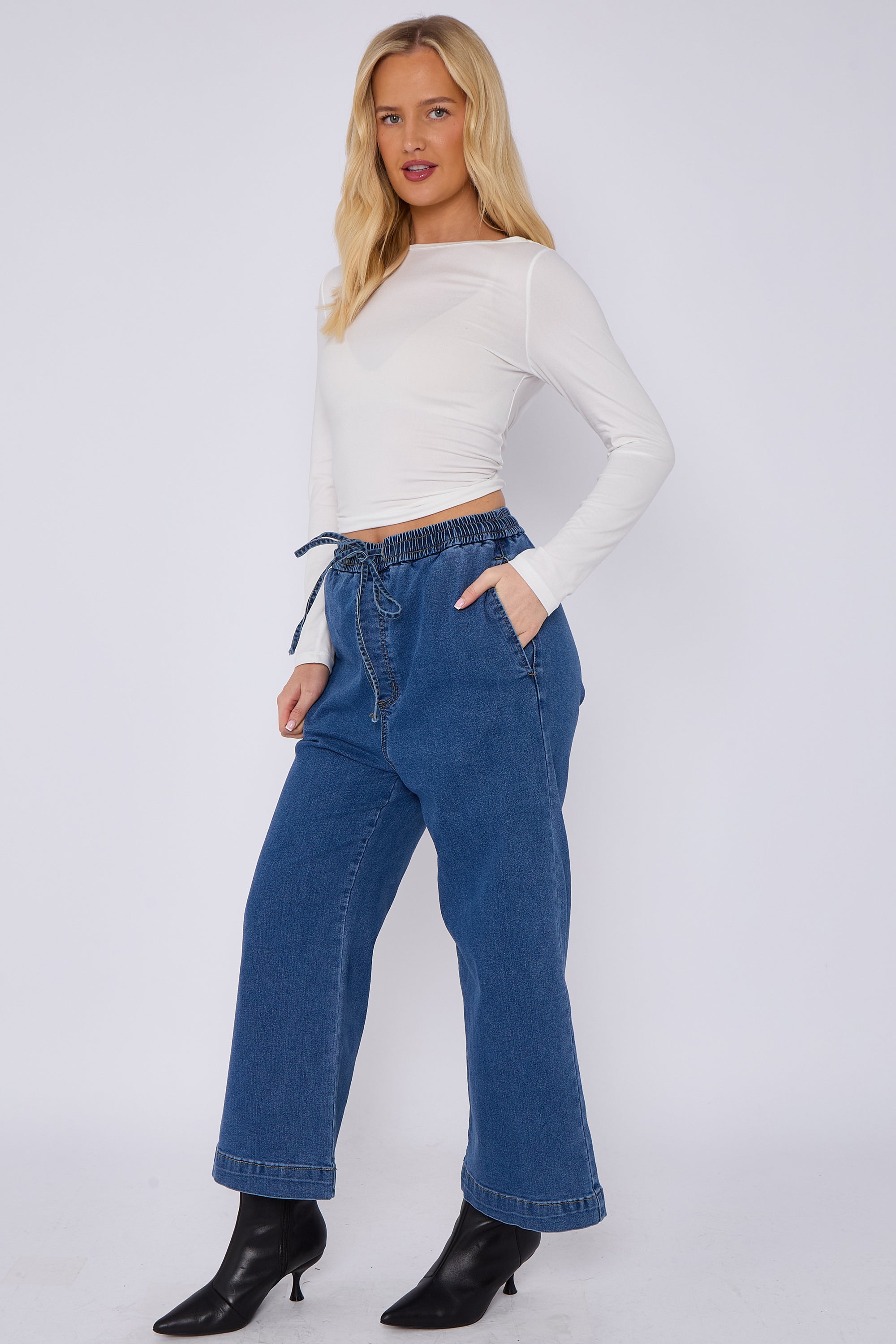 Blue Mid Wash Elastic Waist Wide Leg Denim Jeans
