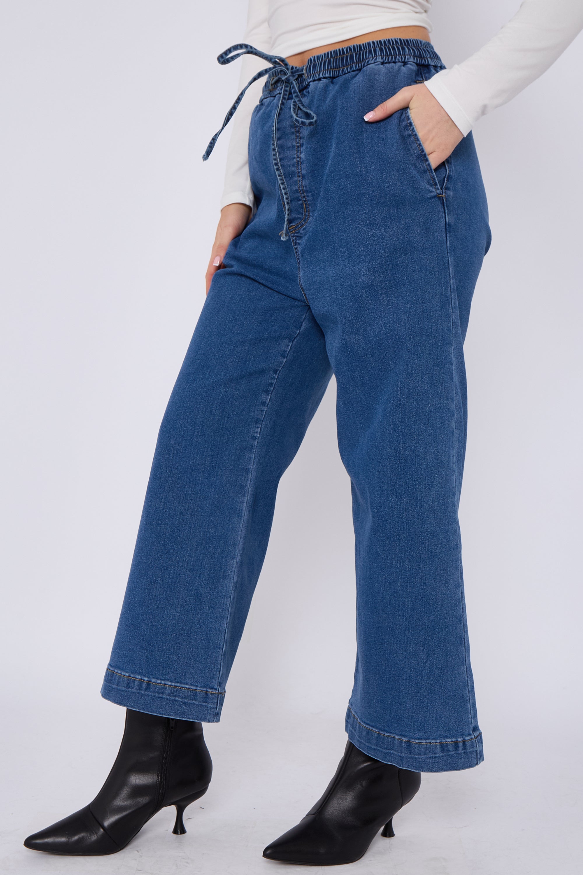 Blue Mid Wash Elastic Waist Wide Leg Denim Jeans