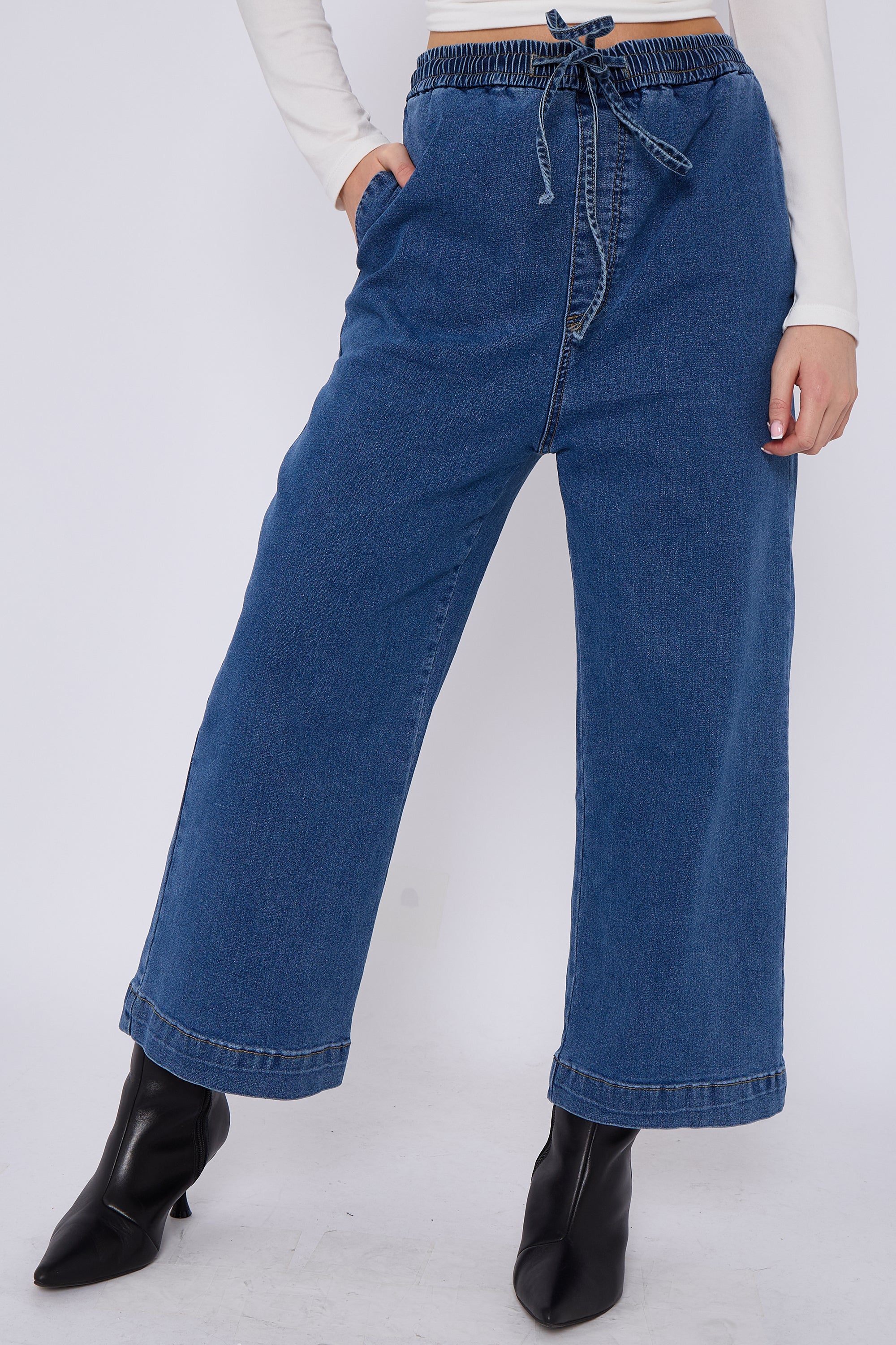 Blue Mid Wash Elastic Waist Wide Leg Denim Jeans