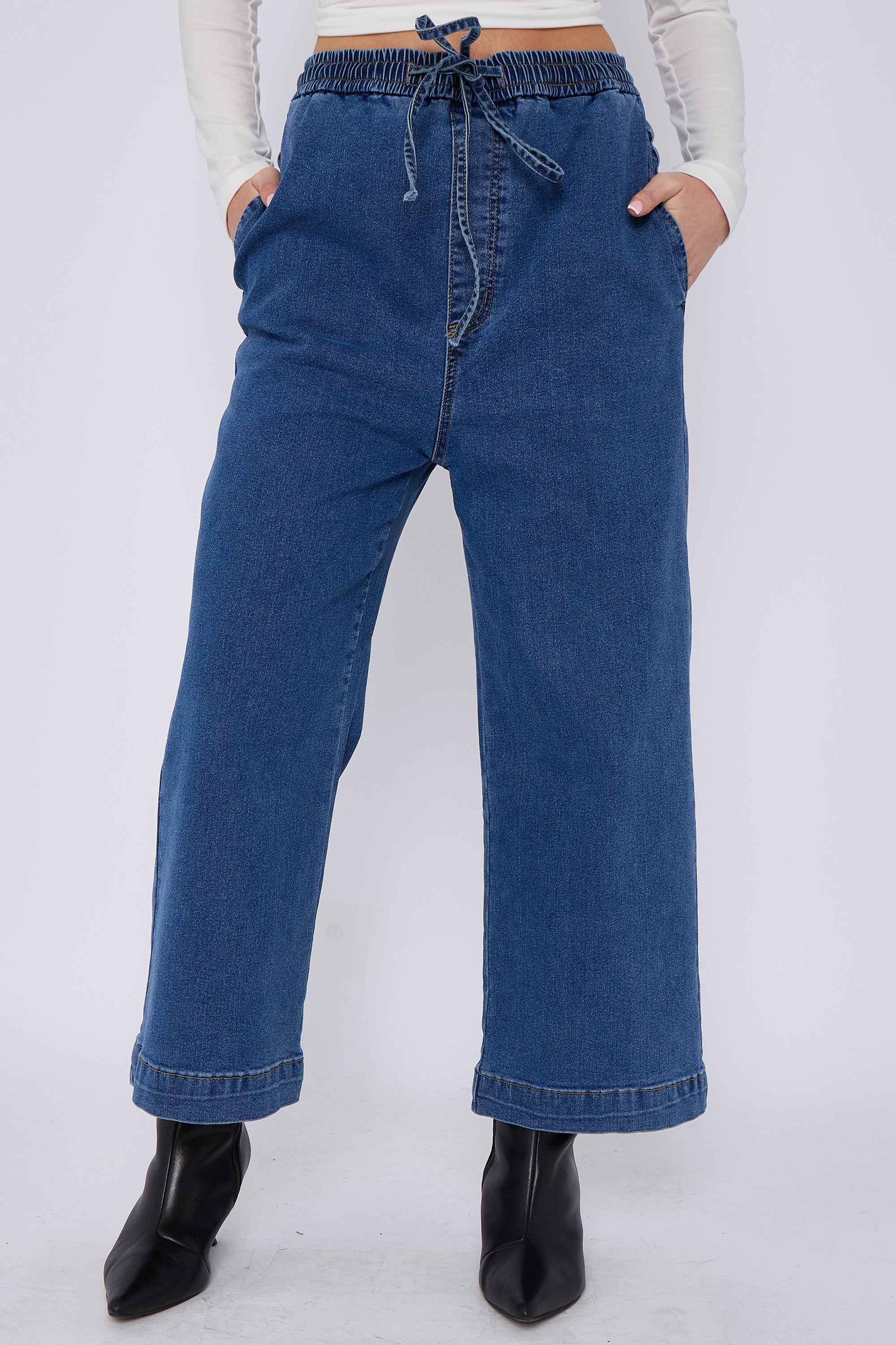 Blue Mid Wash Elastic Waist Wide Leg Denim Jeans