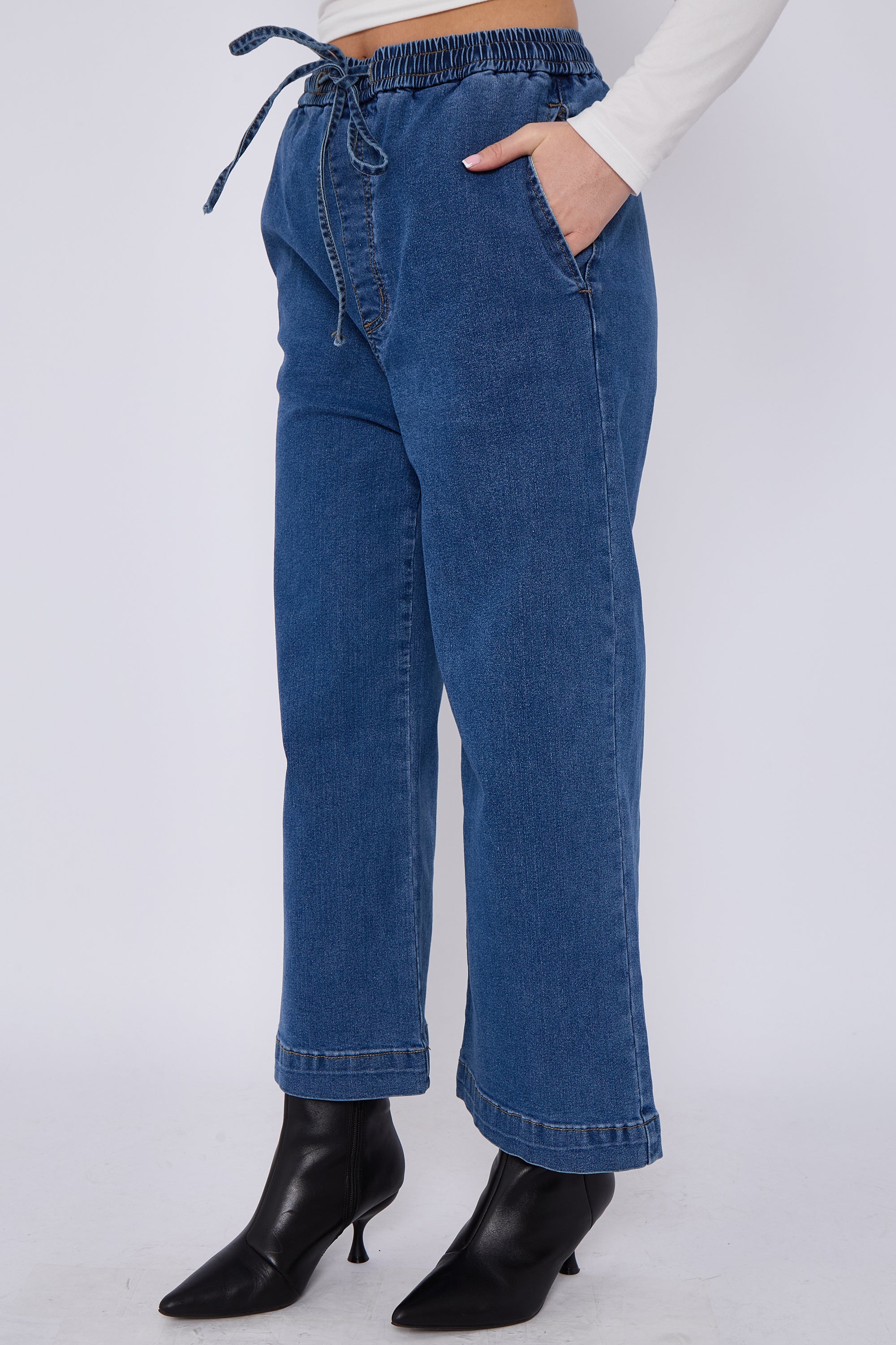 Blue Mid Wash Elastic Waist Wide Leg Denim Jeans