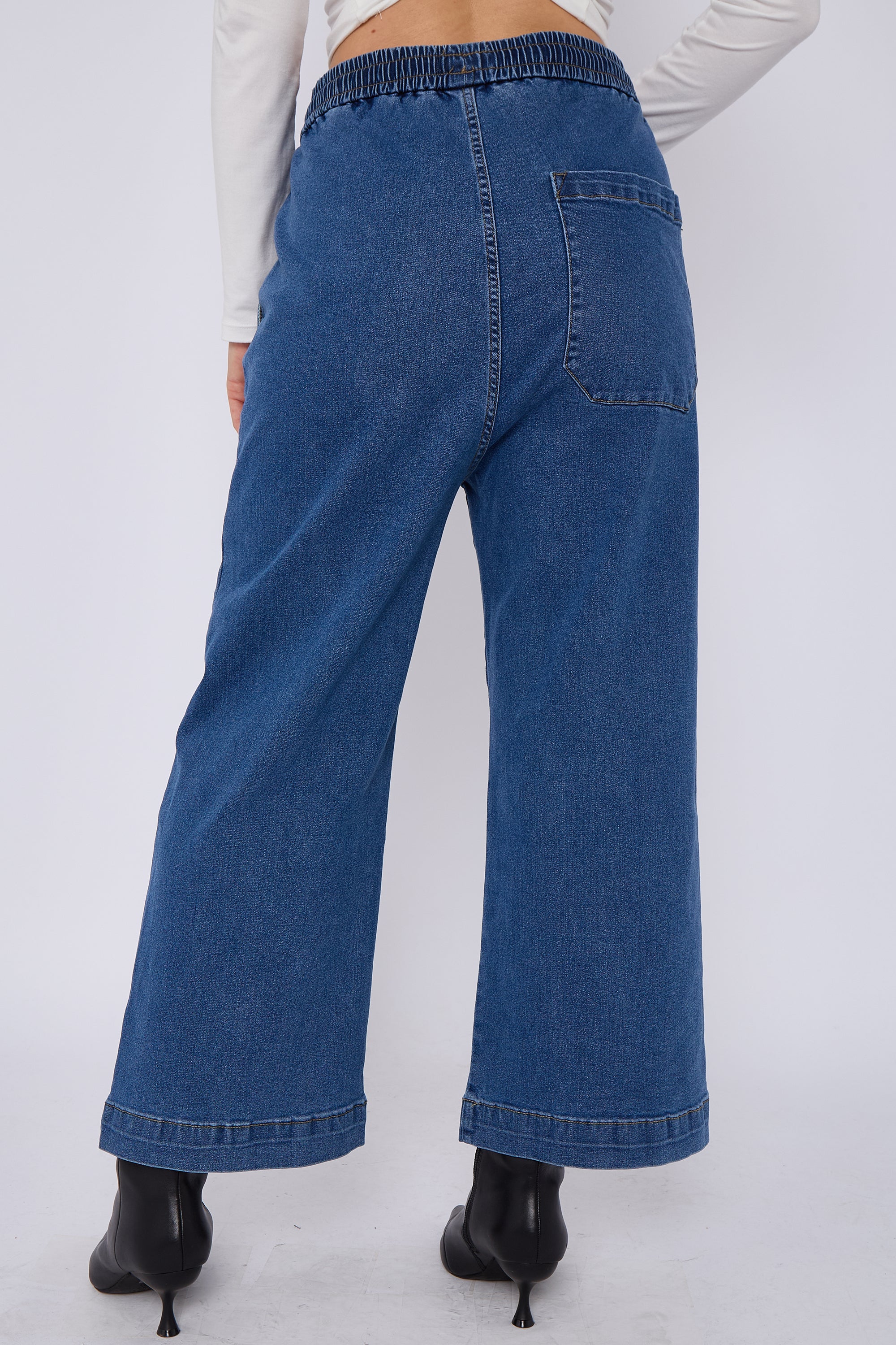 Blue Mid Wash Elastic Waist Wide Leg Denim Jeans