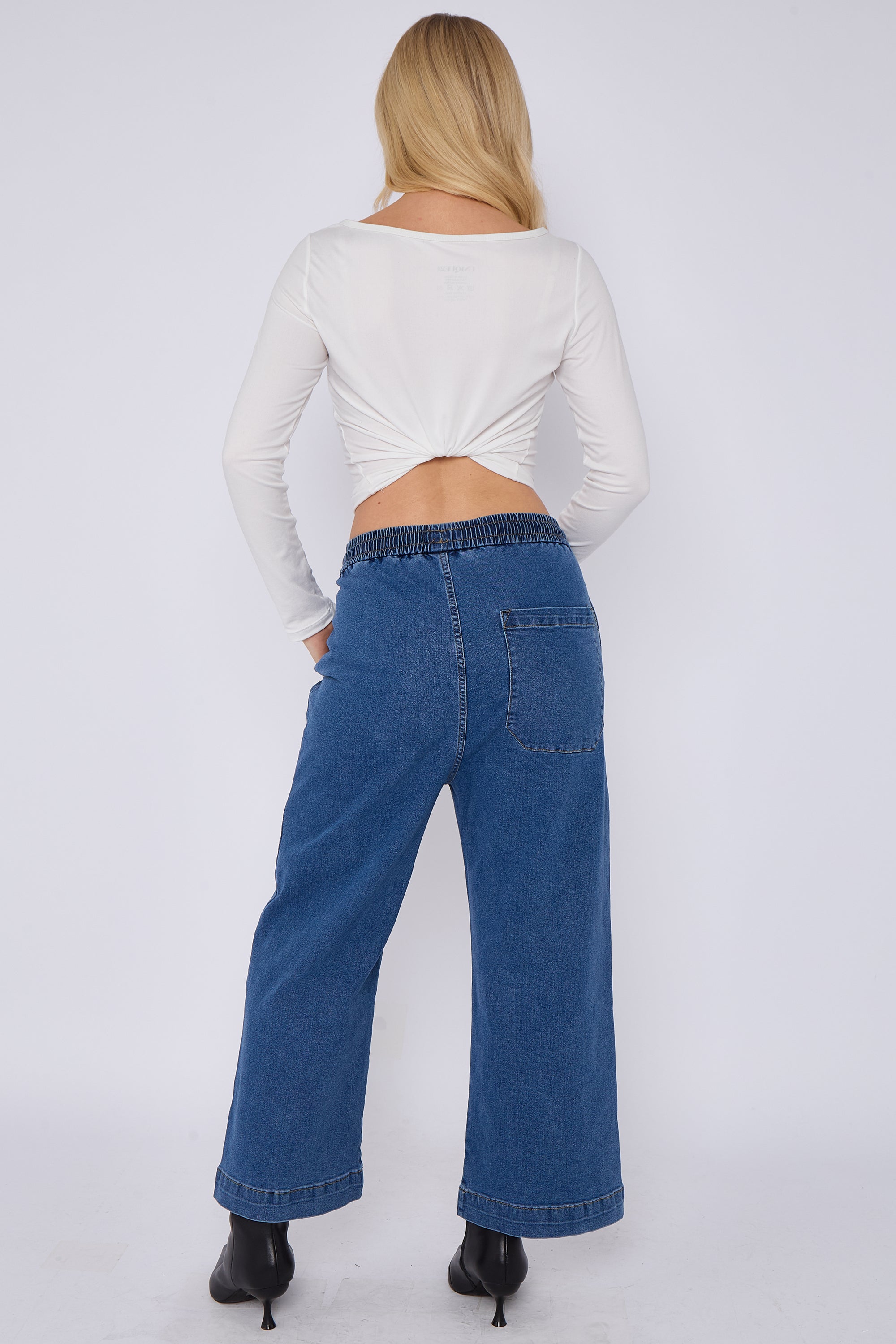 Blue Mid Wash Elastic Waist Wide Leg Denim Jeans