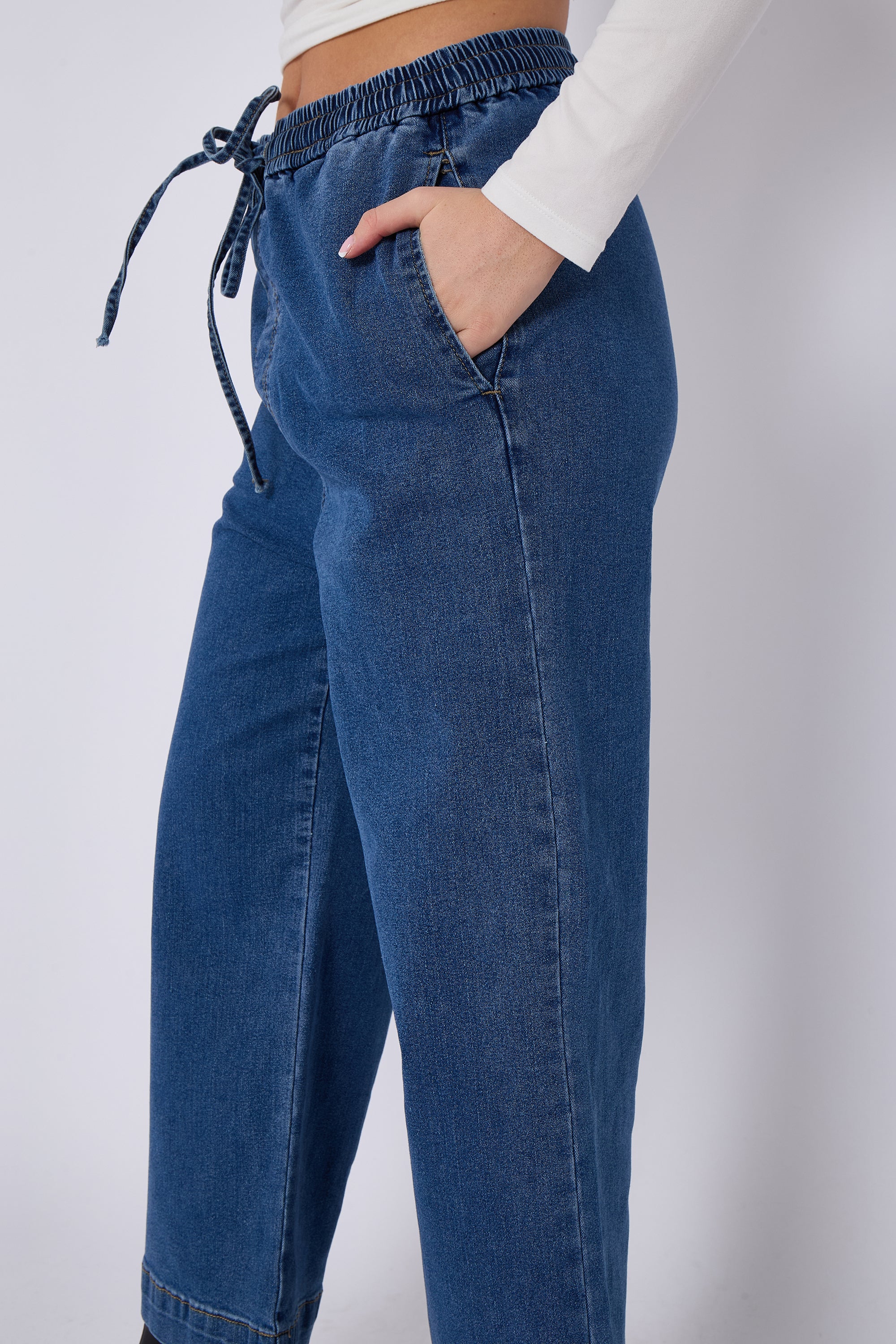 Blue Mid Wash Elastic Waist Wide Leg Denim Jeans