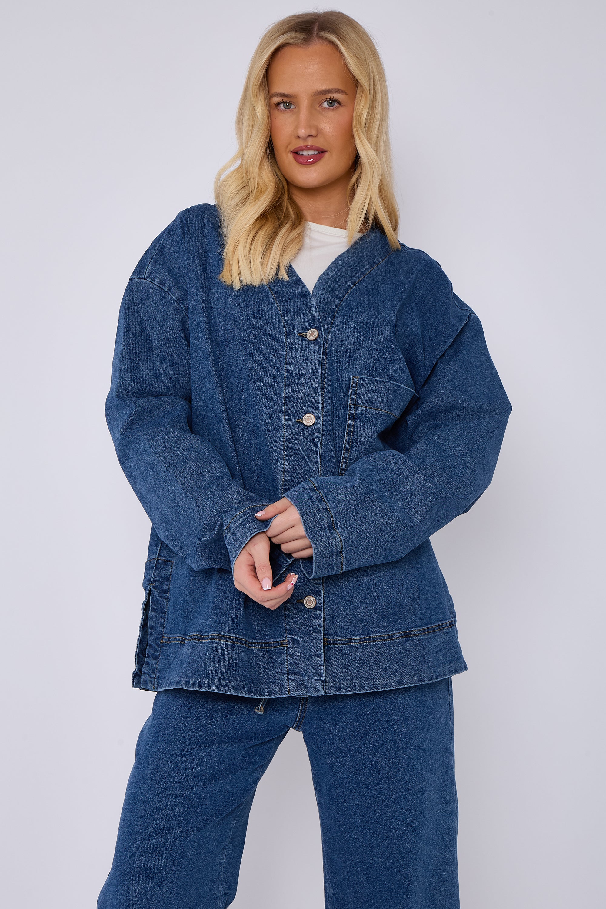 Blue Oversized Button Front Denim Jacket