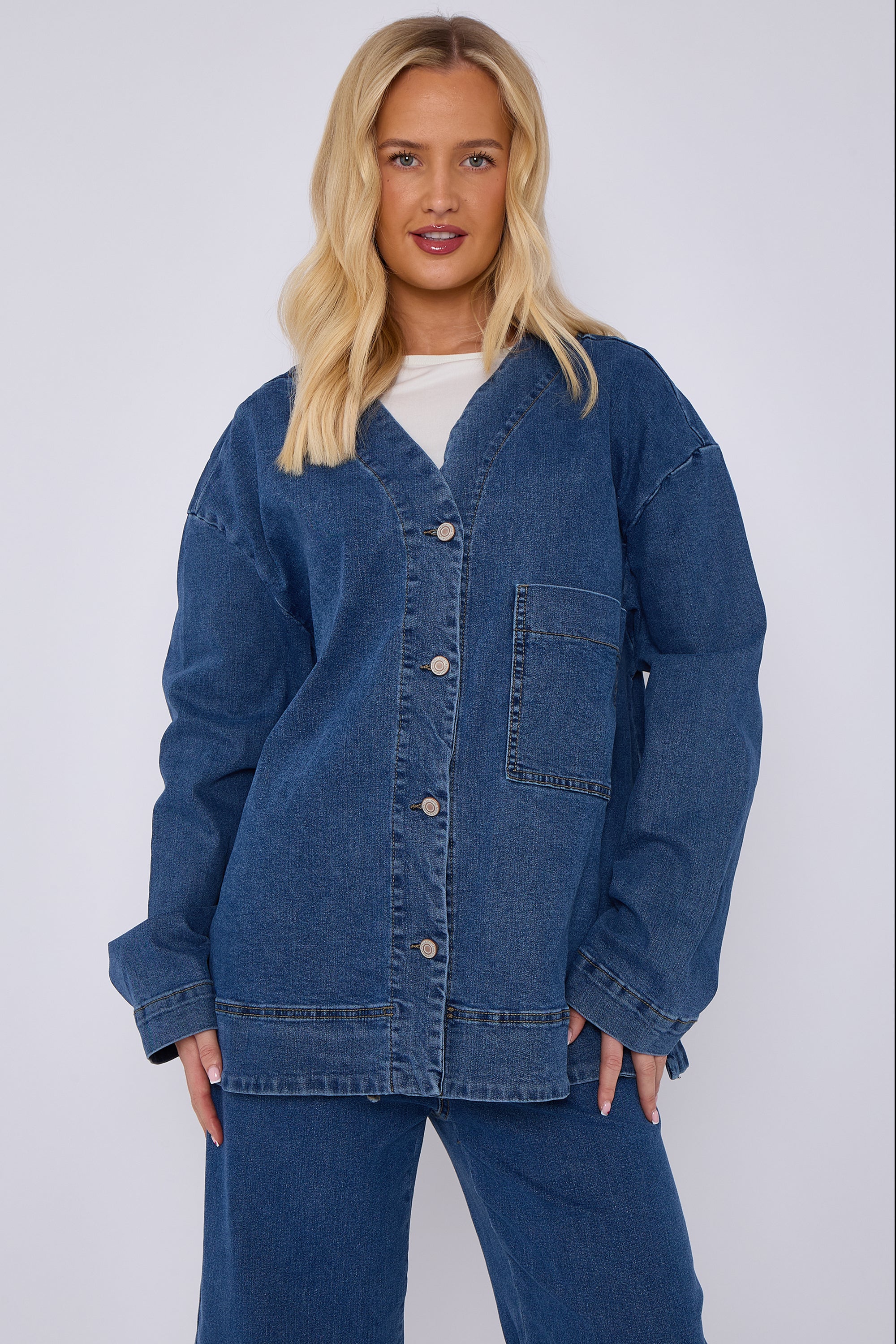 Blue Oversized Button Front Denim Jacket
