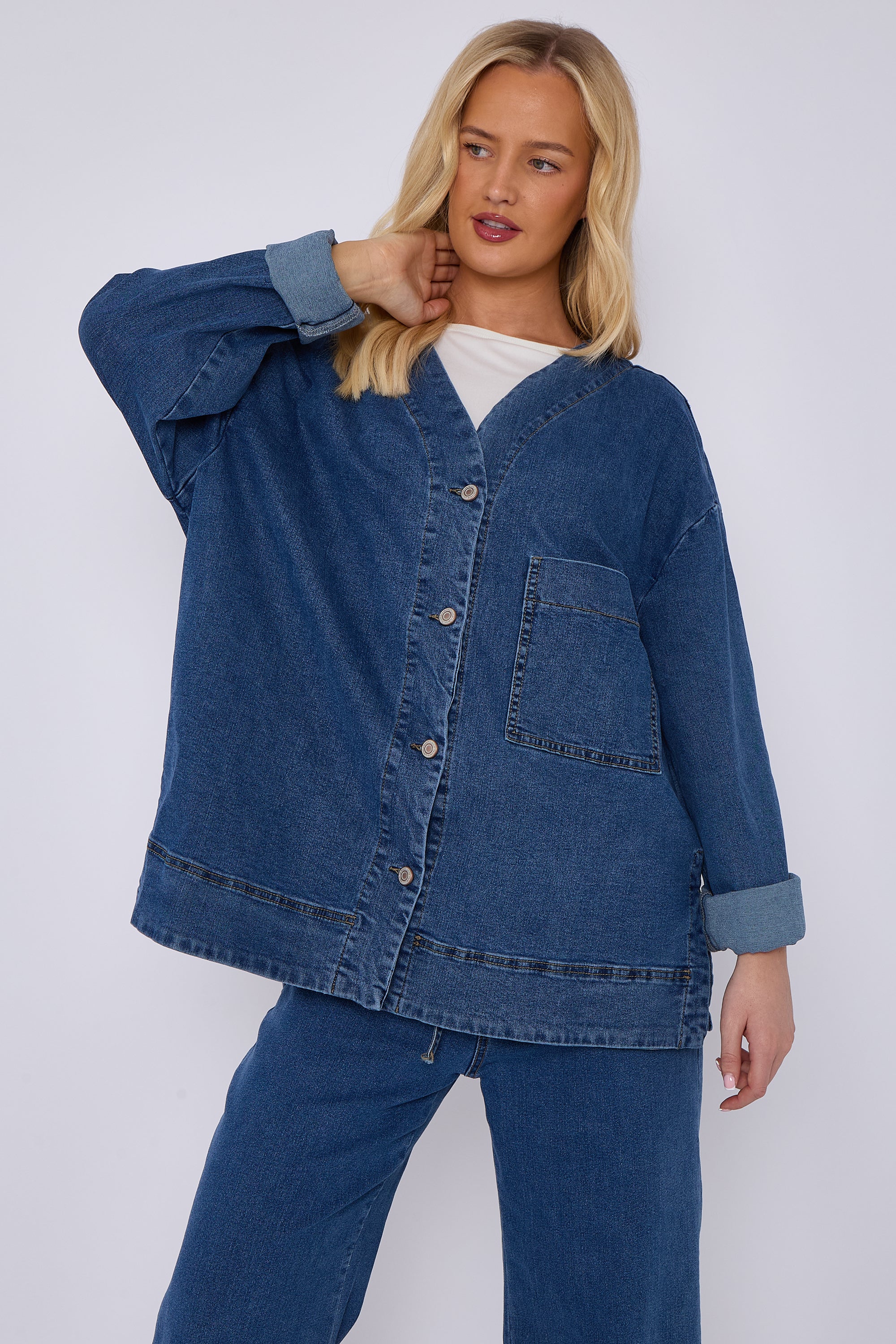 Blue Oversized Button Front Denim Jacket