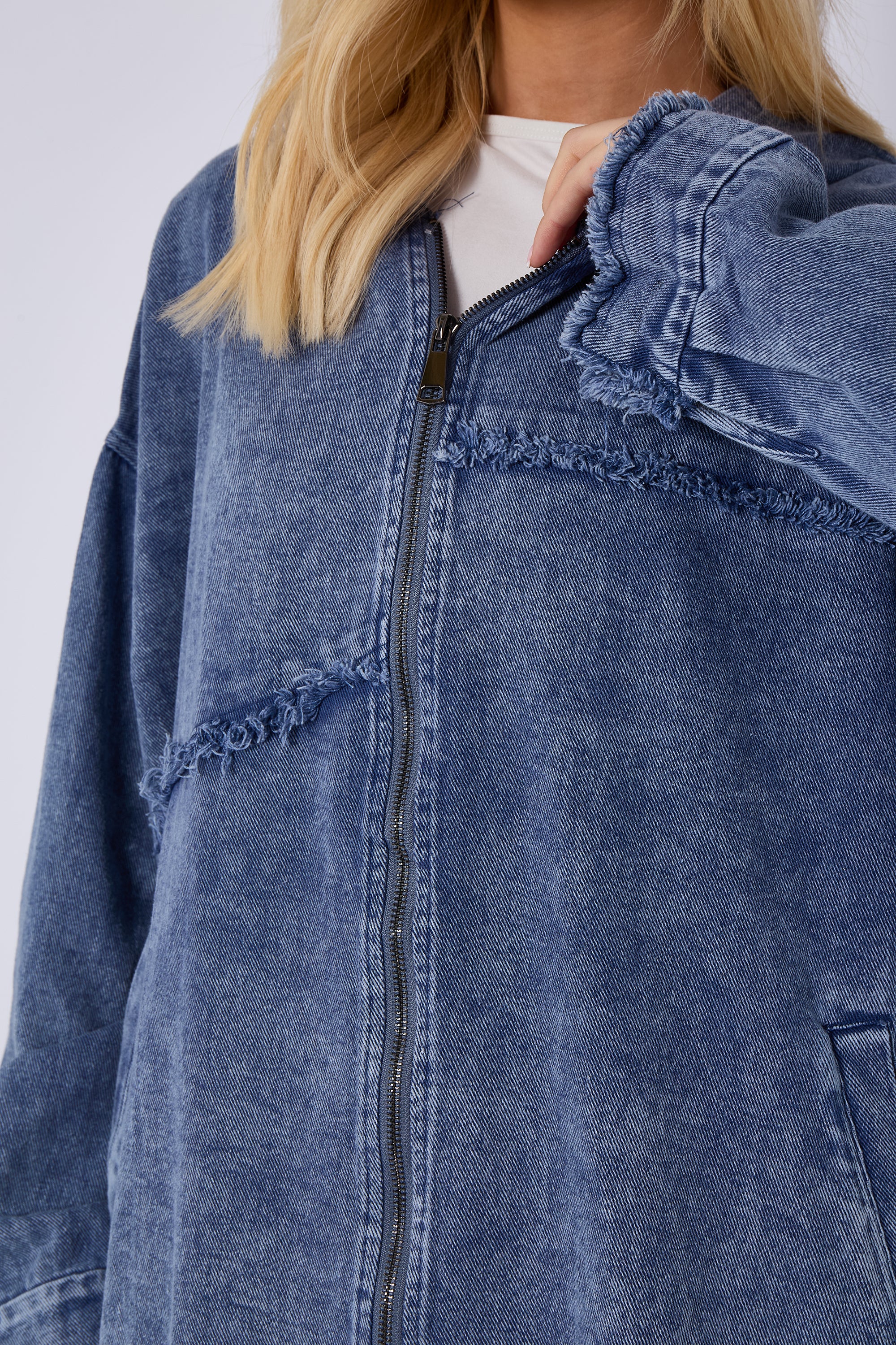 Blue Mid Wash Oversized Zip Front Denim Hoodie Jacket