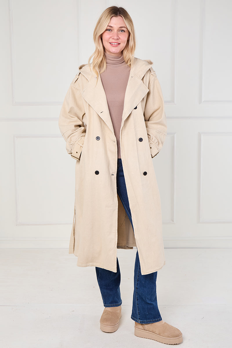 BEIGE LONG TRENCH COAT WITH HOOD