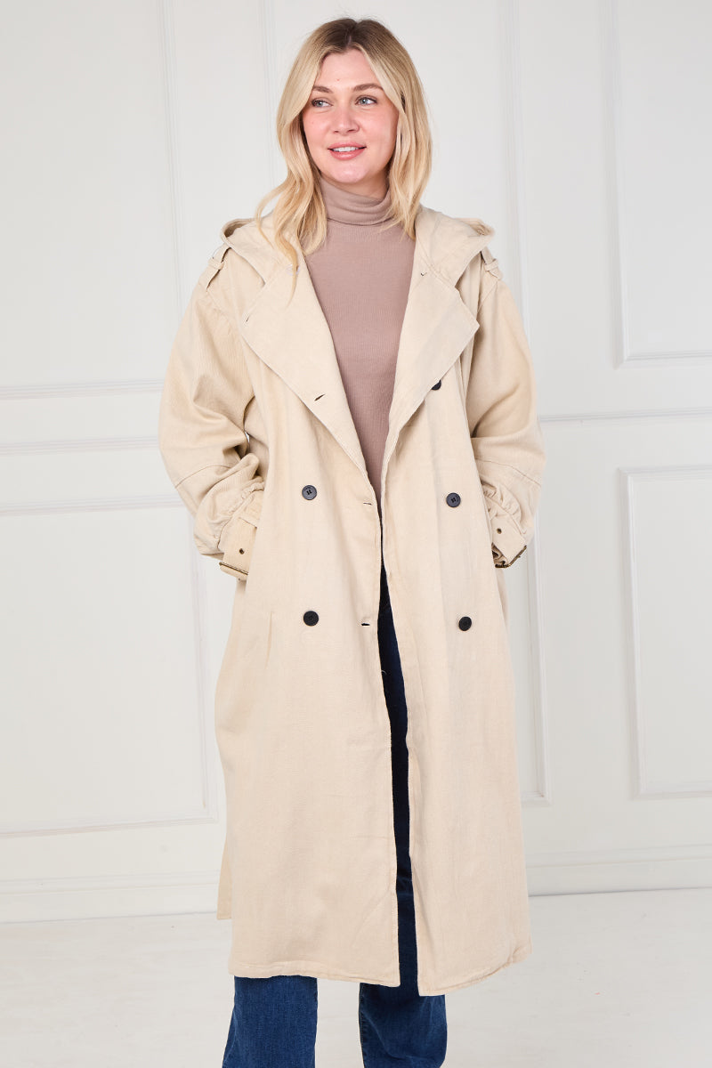 BEIGE LONG TRENCH COAT WITH HOOD