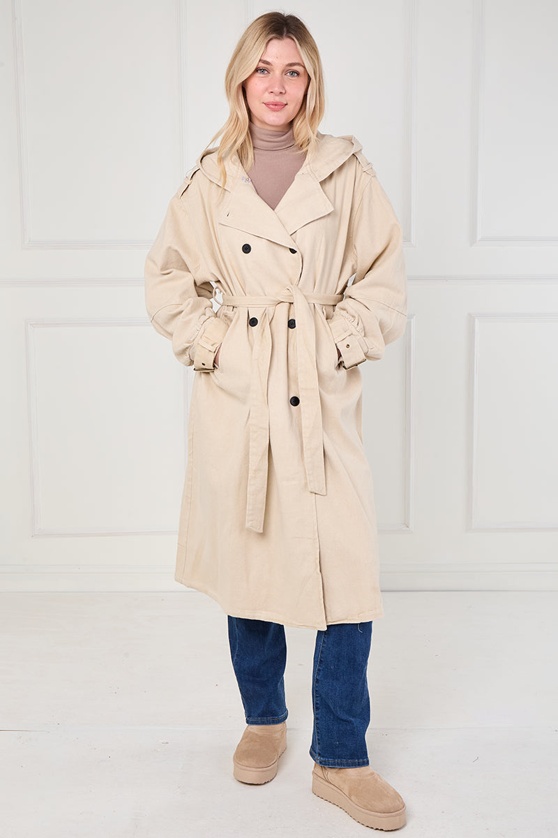 BEIGE LONG TRENCH COAT WITH HOOD