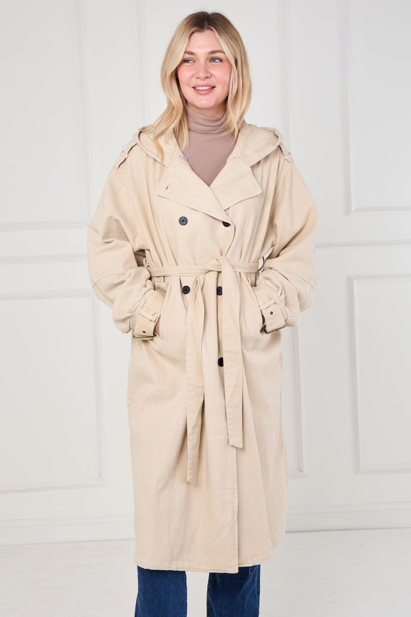 BEIGE LONG TRENCH COAT WITH HOOD
