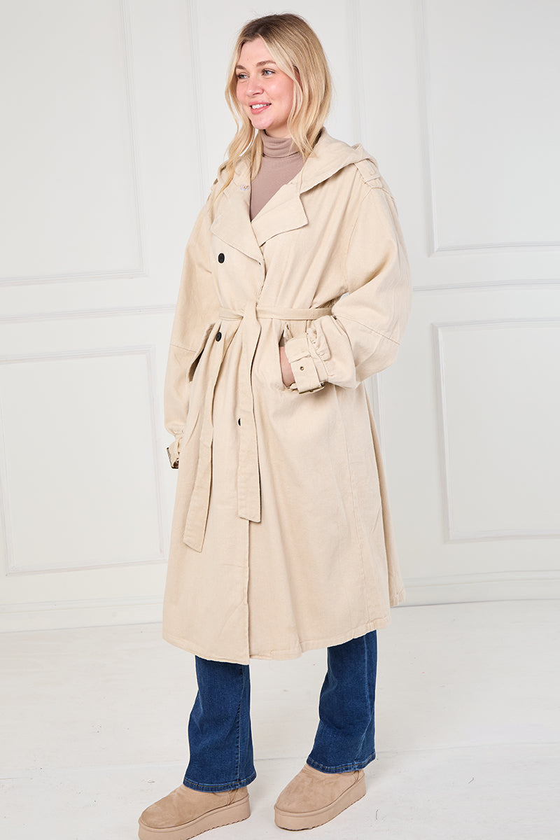 BEIGE LONG TRENCH COAT WITH HOOD