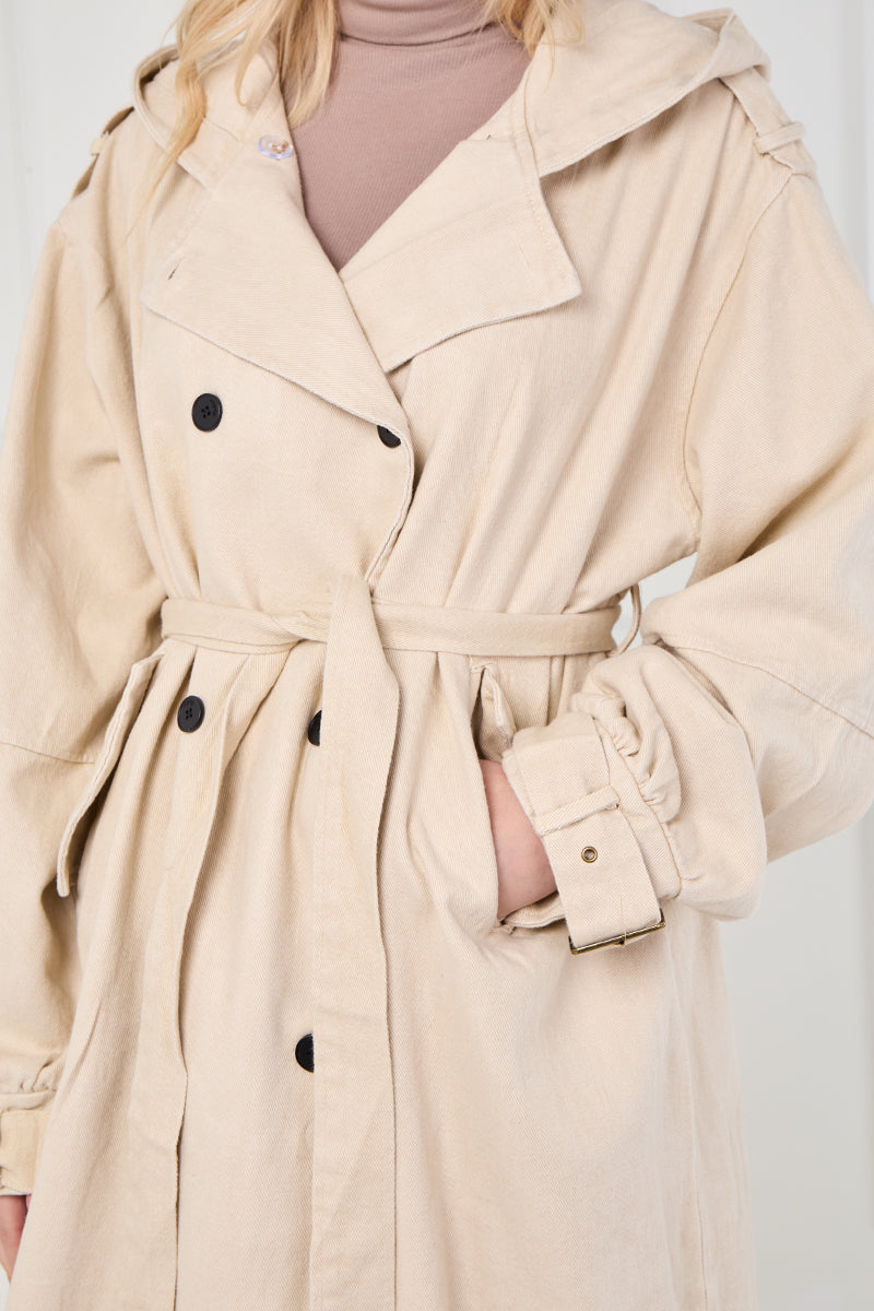 BEIGE LONG TRENCH COAT WITH HOOD