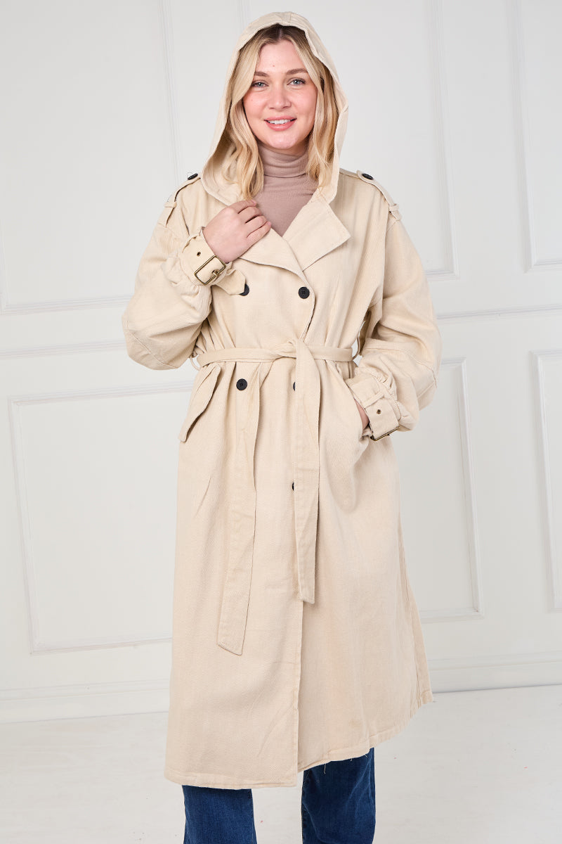 BEIGE LONG TRENCH COAT WITH HOOD