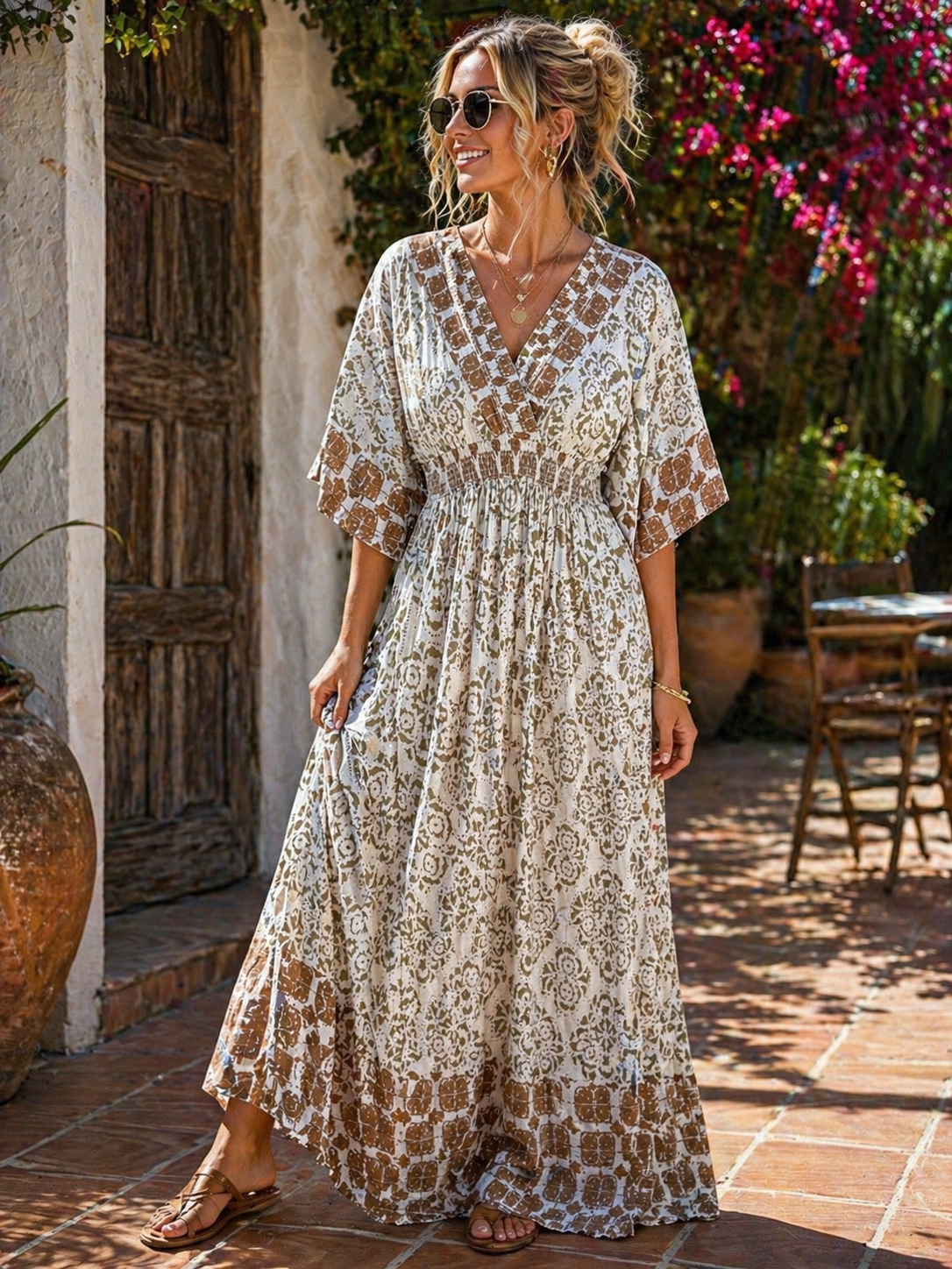 Mediterranean Tile Print Maxi Dress