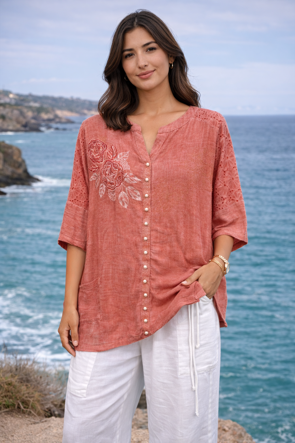Rose Appliqué Button Top