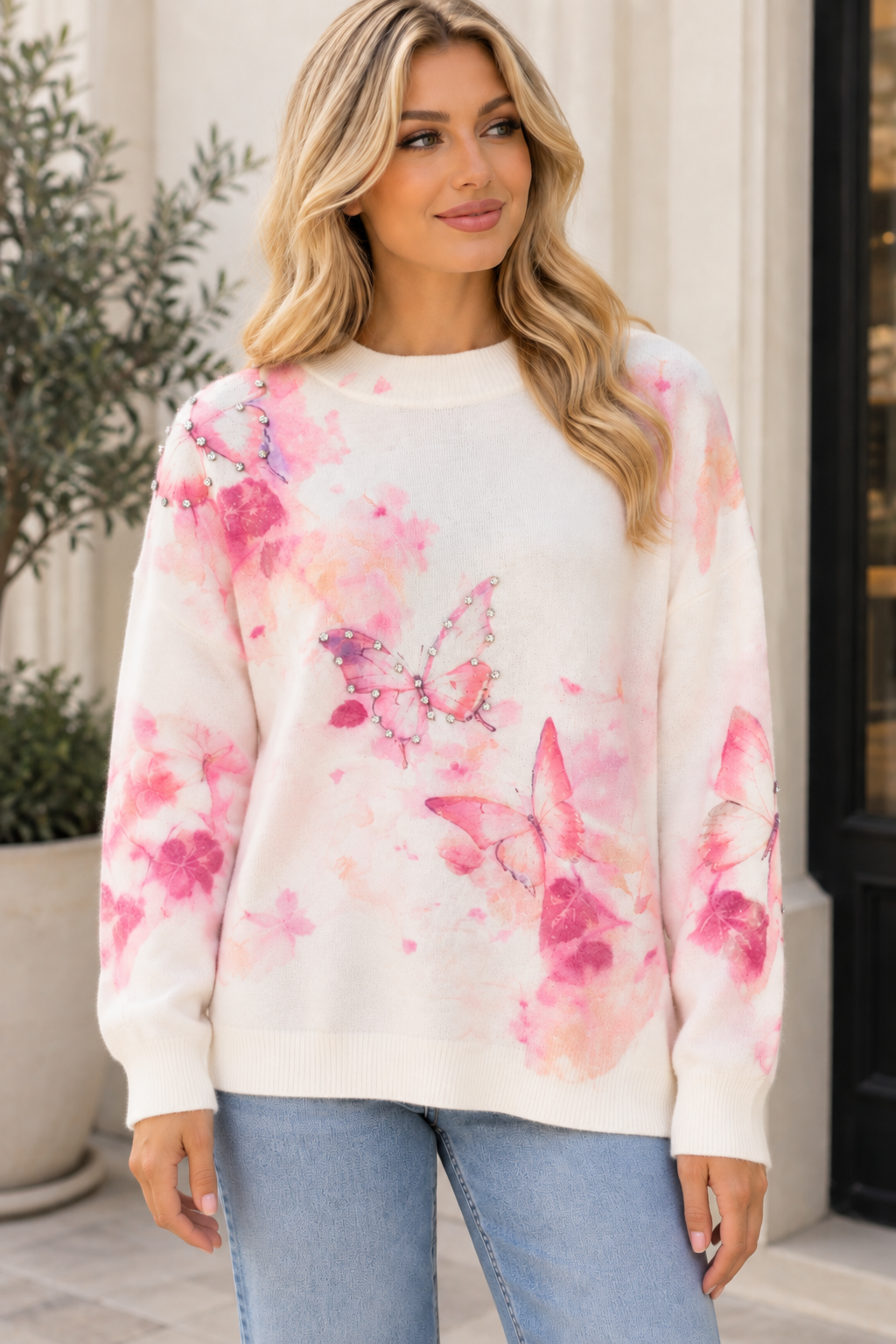 Watercolour butterfly embellished knit jumper