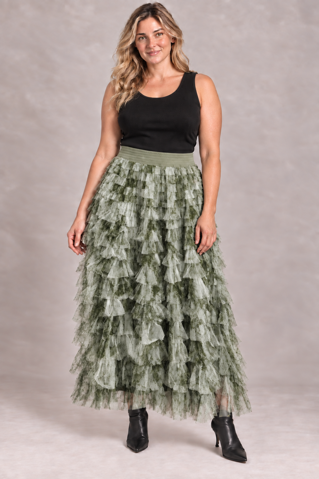Ruffle Mesh Tiered Maxi Skirt