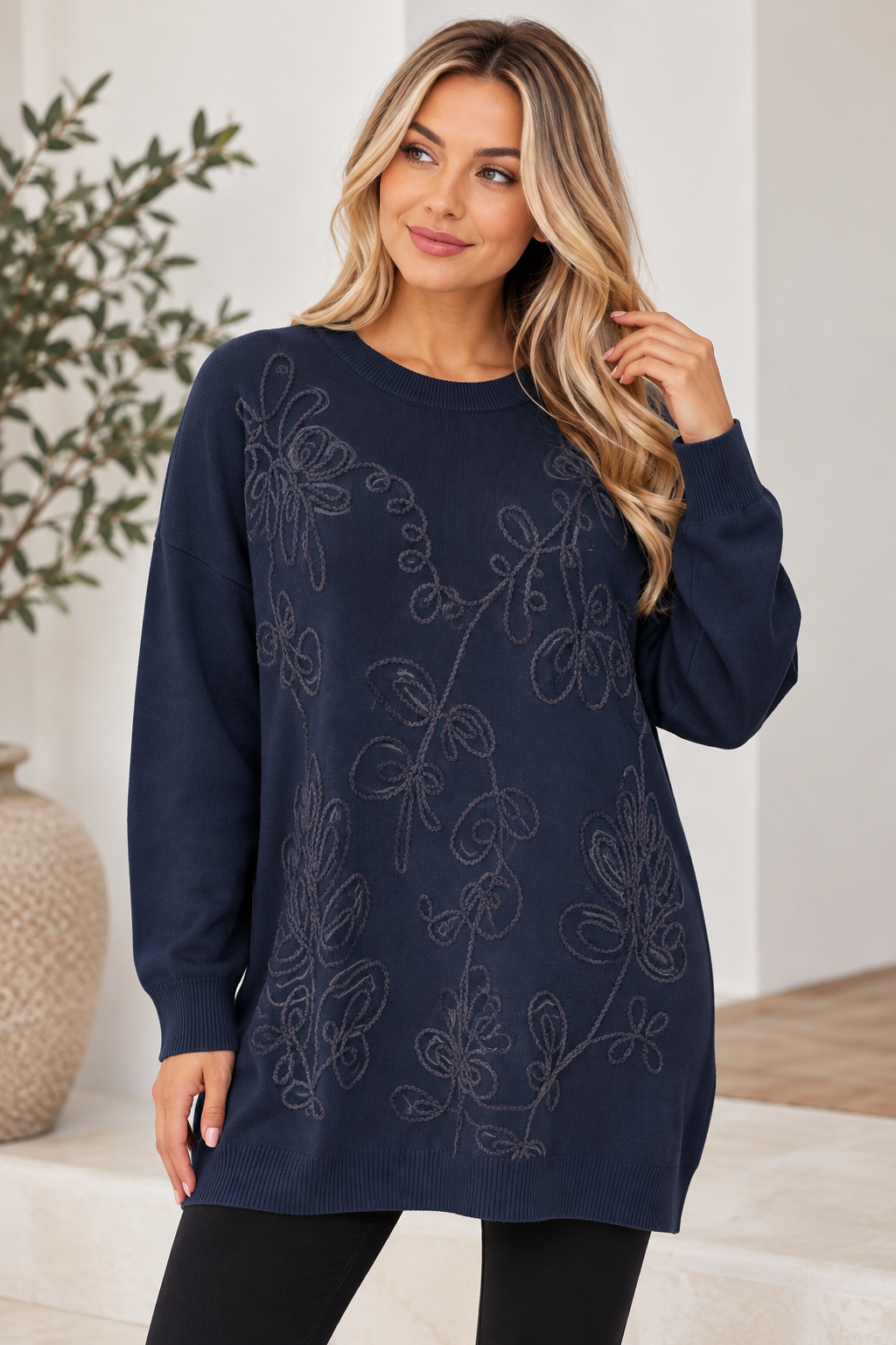 Longline knit jumper with raised tonal floral detailing