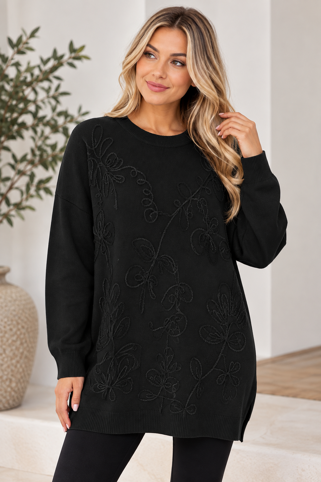 Longline knit jumper with raised tonal floral detailing