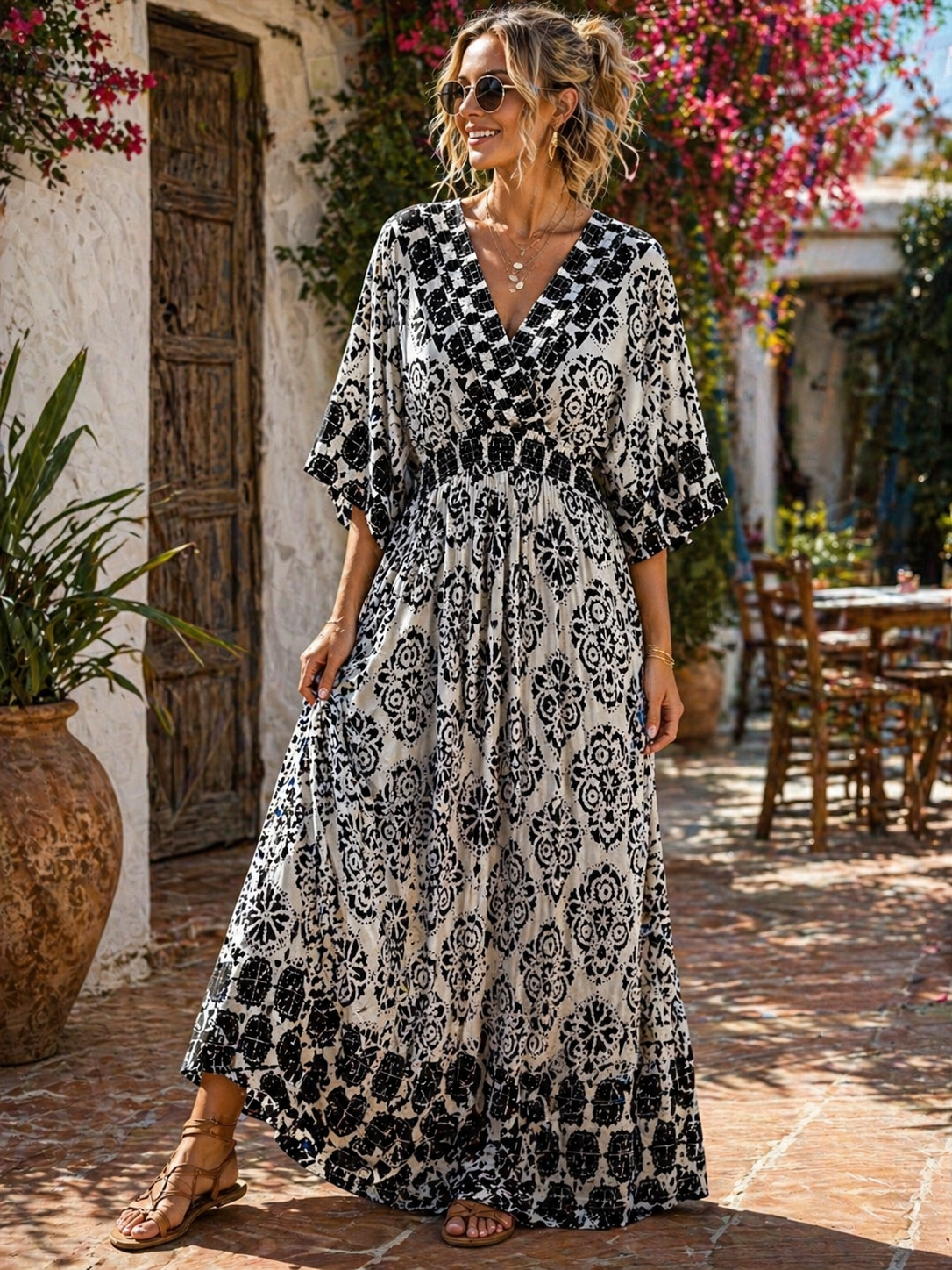 Mediterranean Tile Print Maxi Dress