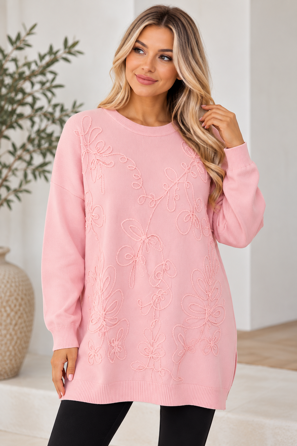 Longline knit jumper with raised tonal floral detailing