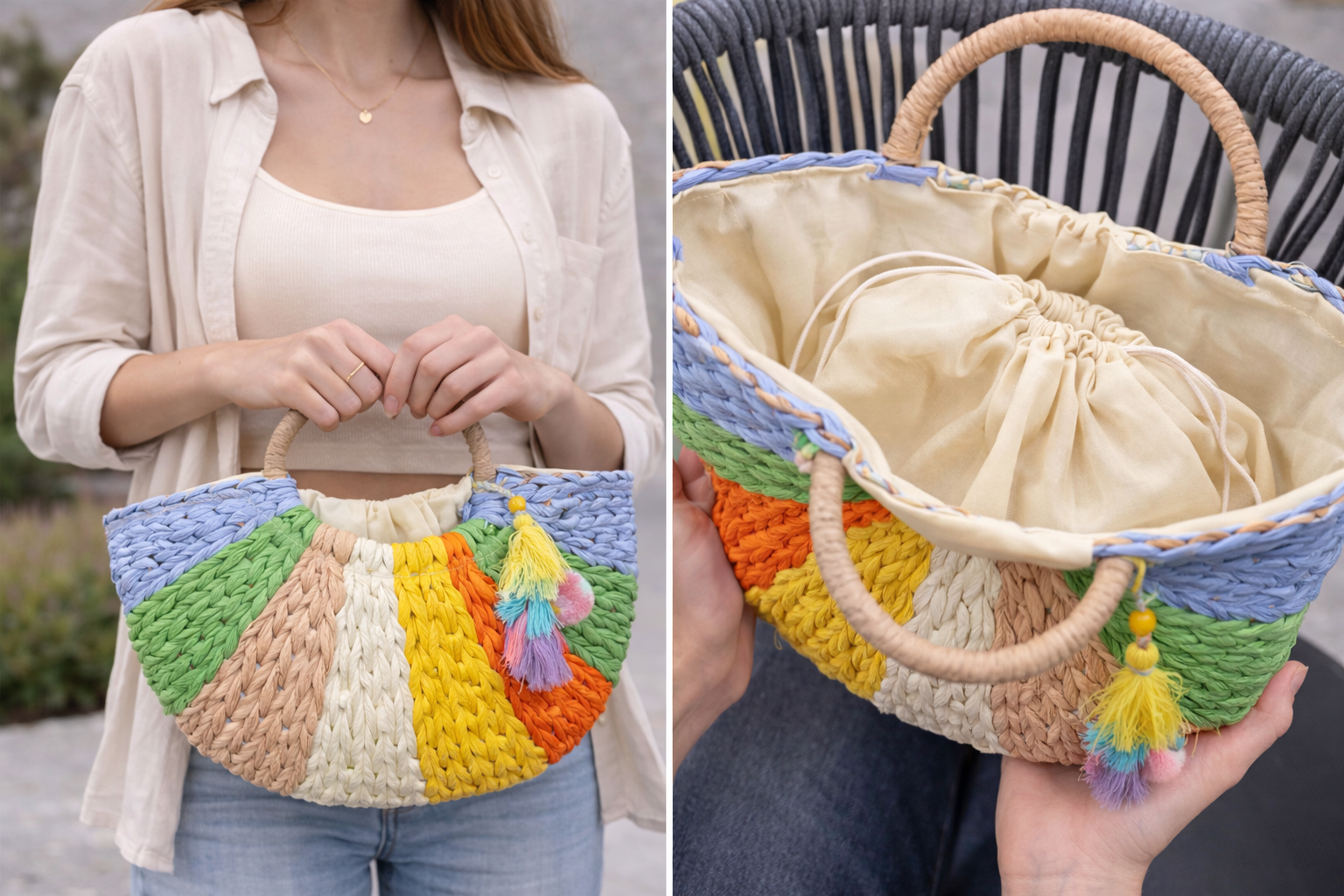 Rainbow Woven Straw Half-Moon Bag