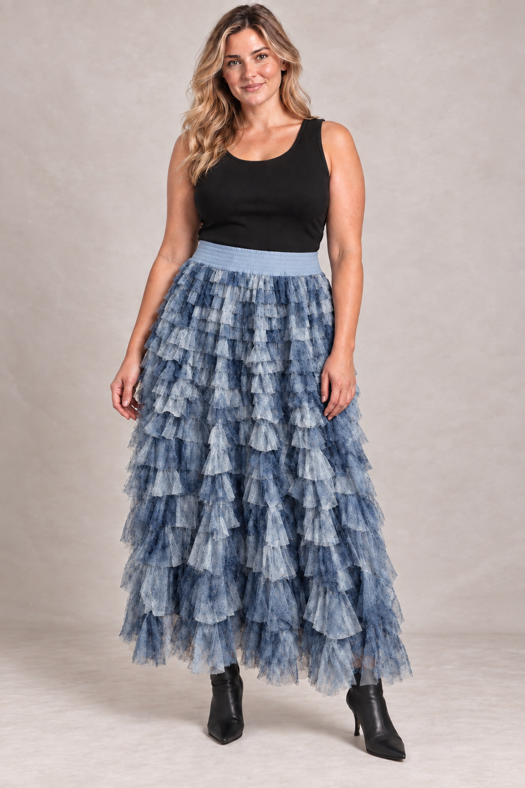 Ruffle Mesh Tiered Maxi Skirt