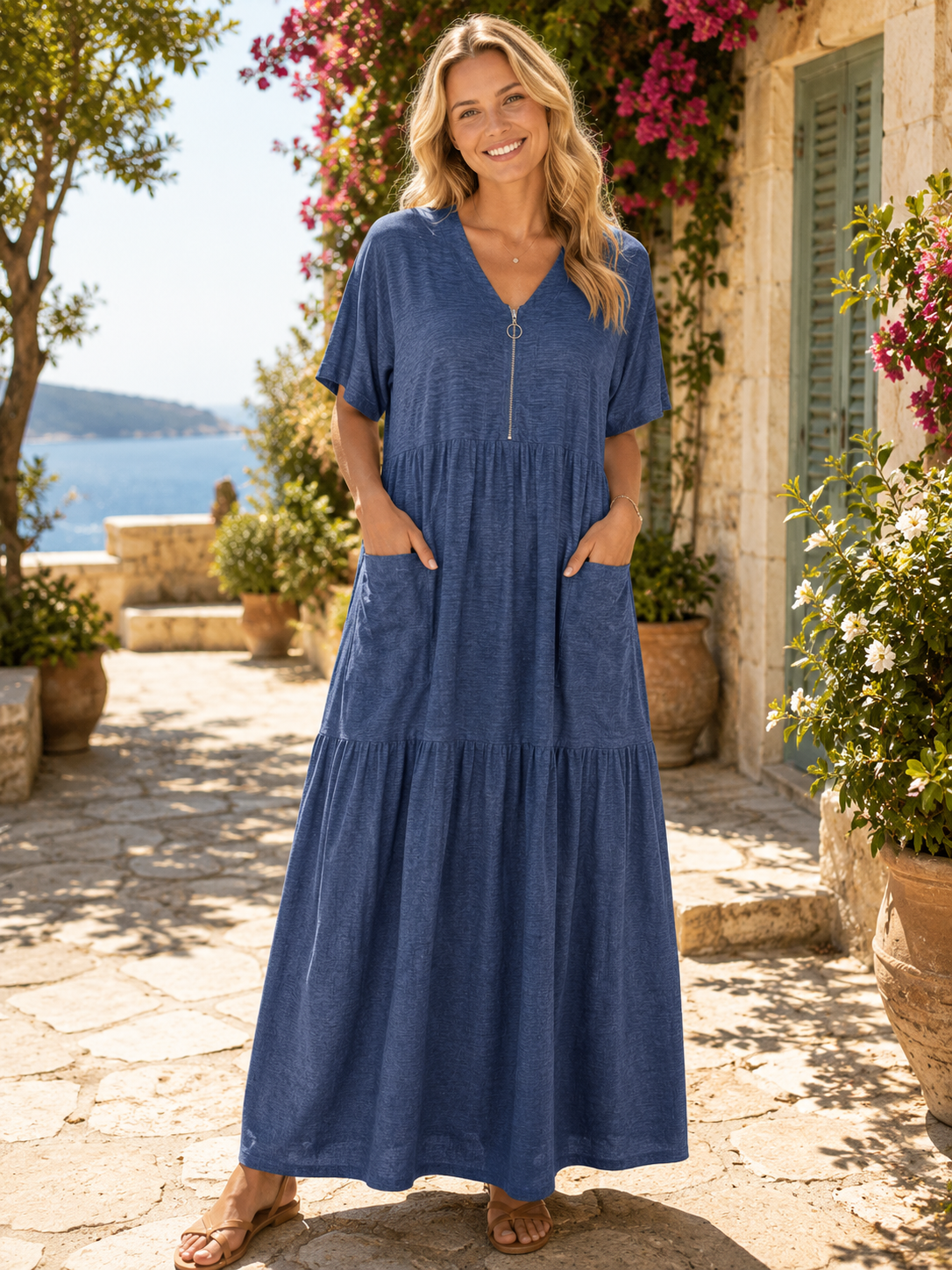 Zip-front tiered Maxi Dress