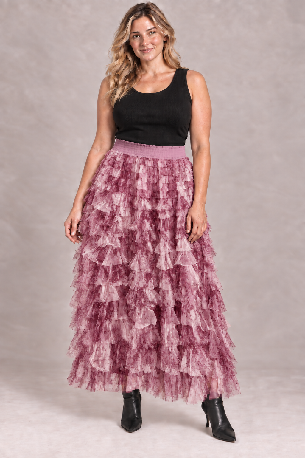 Ruffle Mesh Tiered Maxi Skirt
