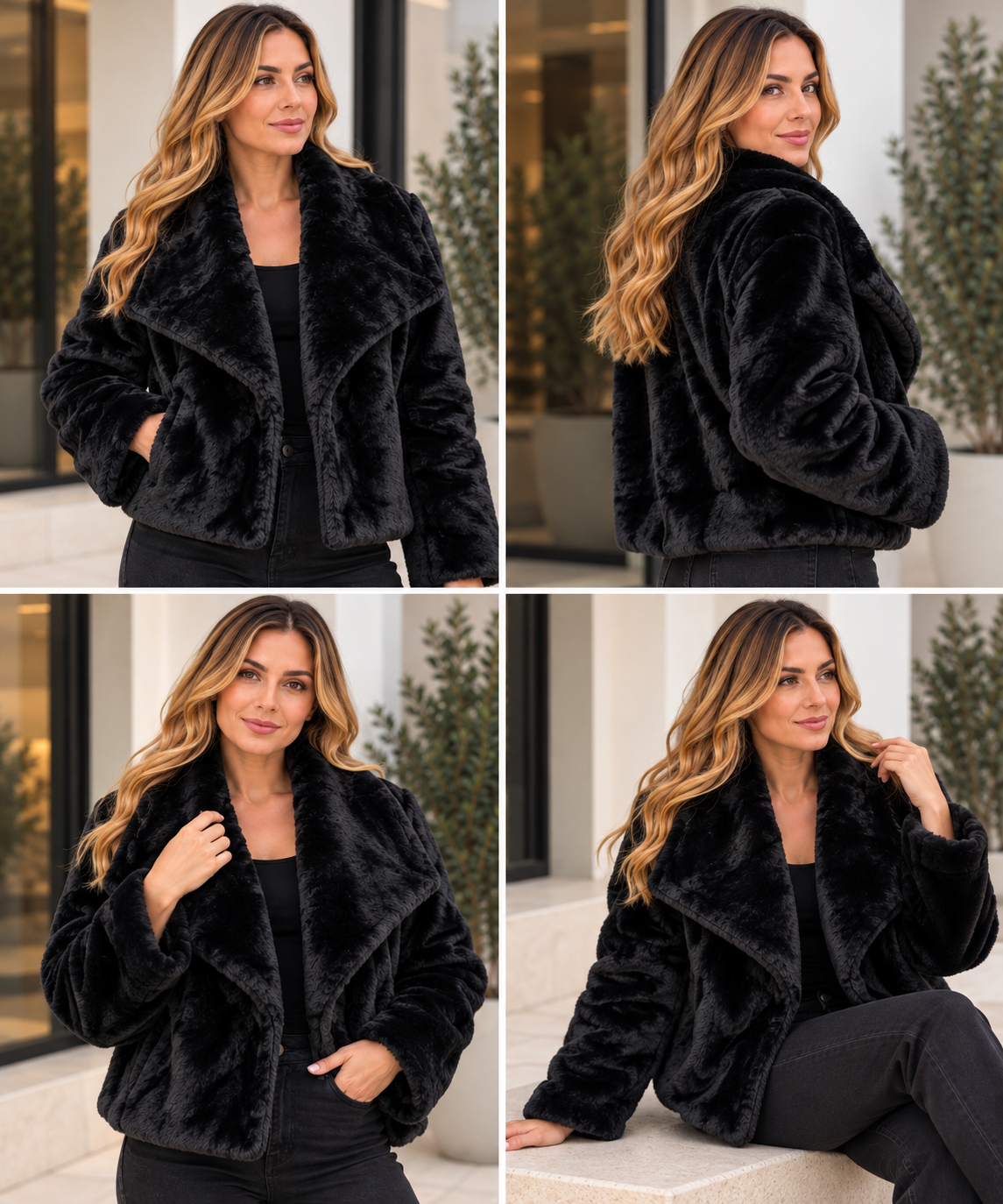 Cropped fur coat shown from the front and back
