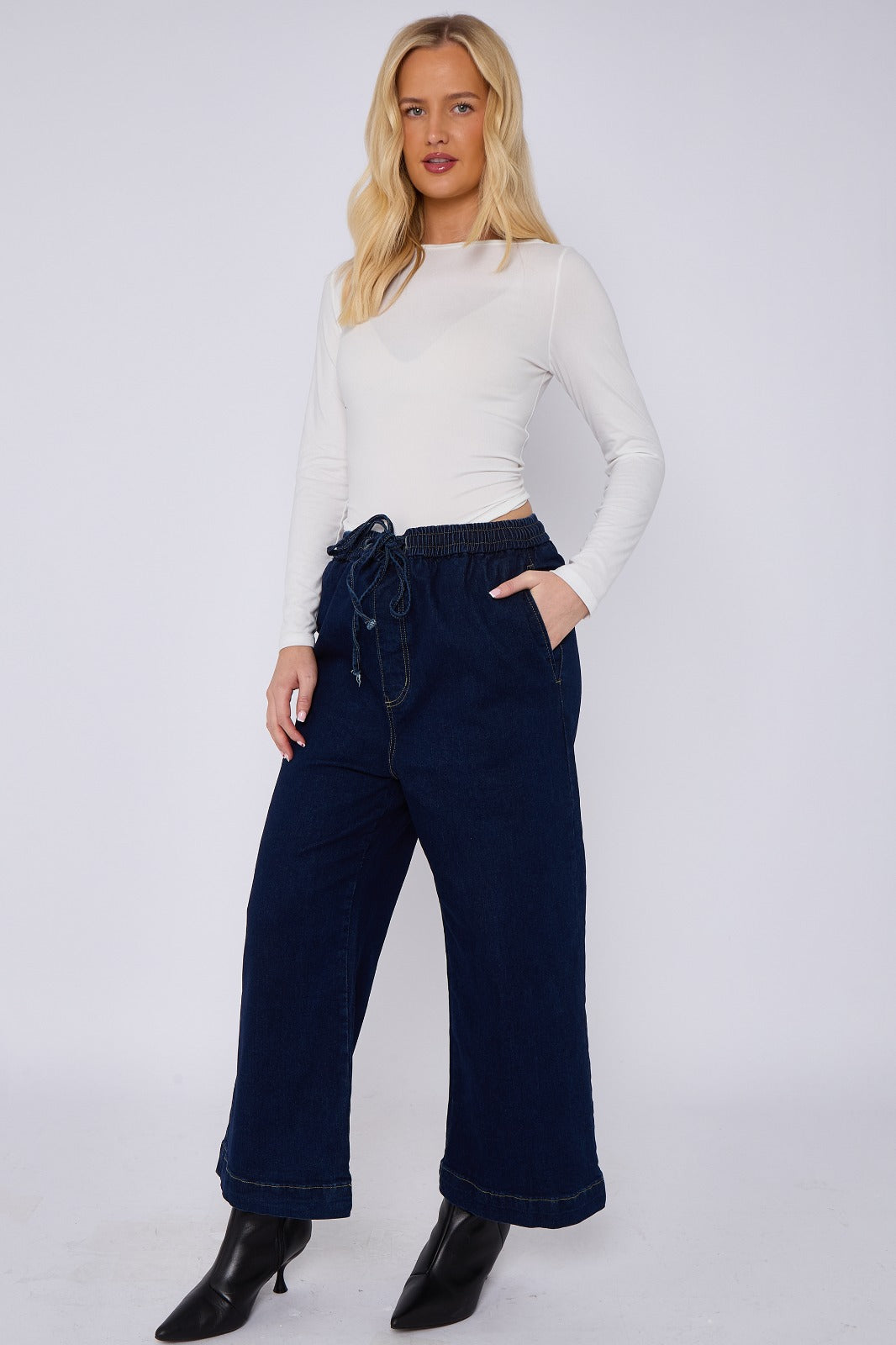 Blue Mid Wash Elastic Waist Wide Leg Denim Jeans