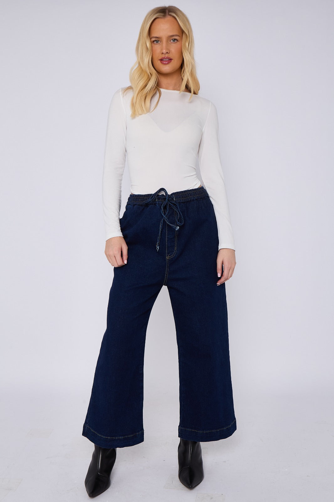 Blue Mid Wash Elastic Waist Wide Leg Denim Jeans