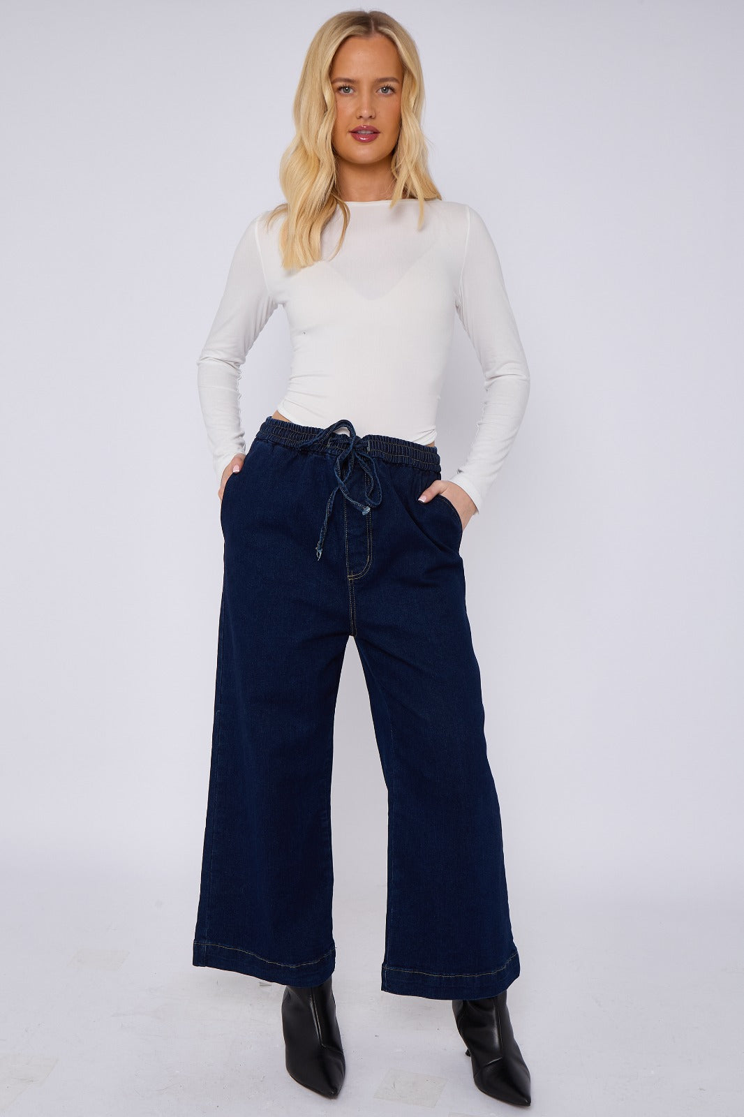 Blue Mid Wash Elastic Waist Wide Leg Denim Jeans
