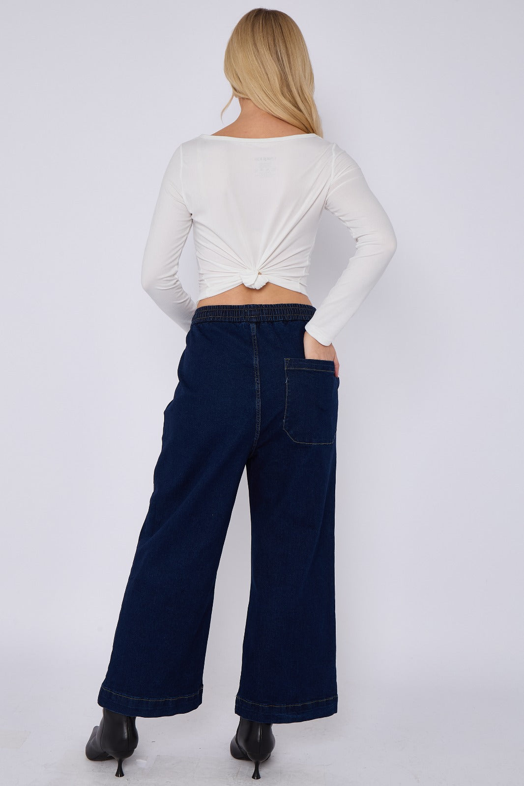 Blue Mid Wash Elastic Waist Wide Leg Denim Jeans
