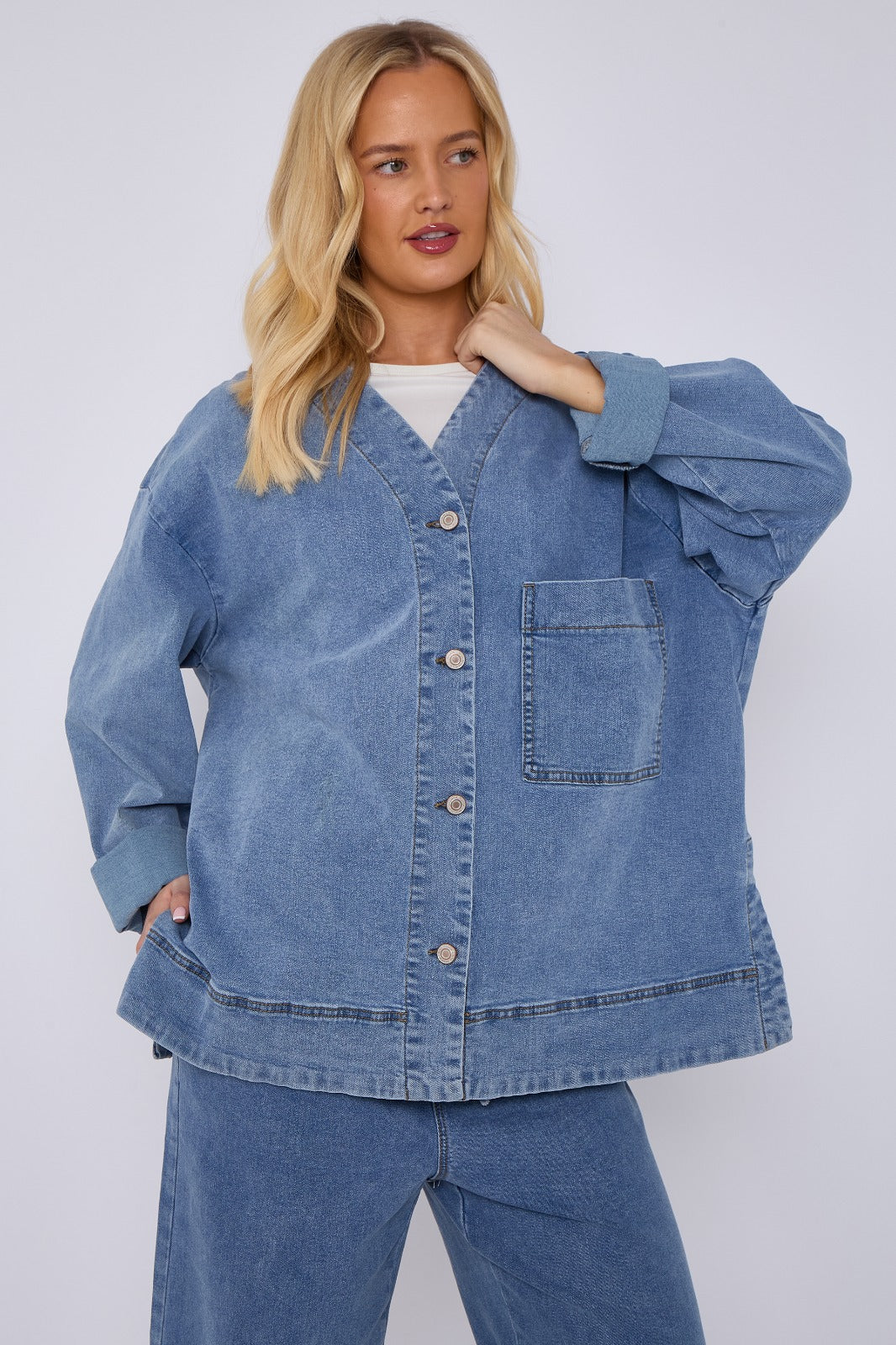 Blue Oversized Button Front Denim Jacket