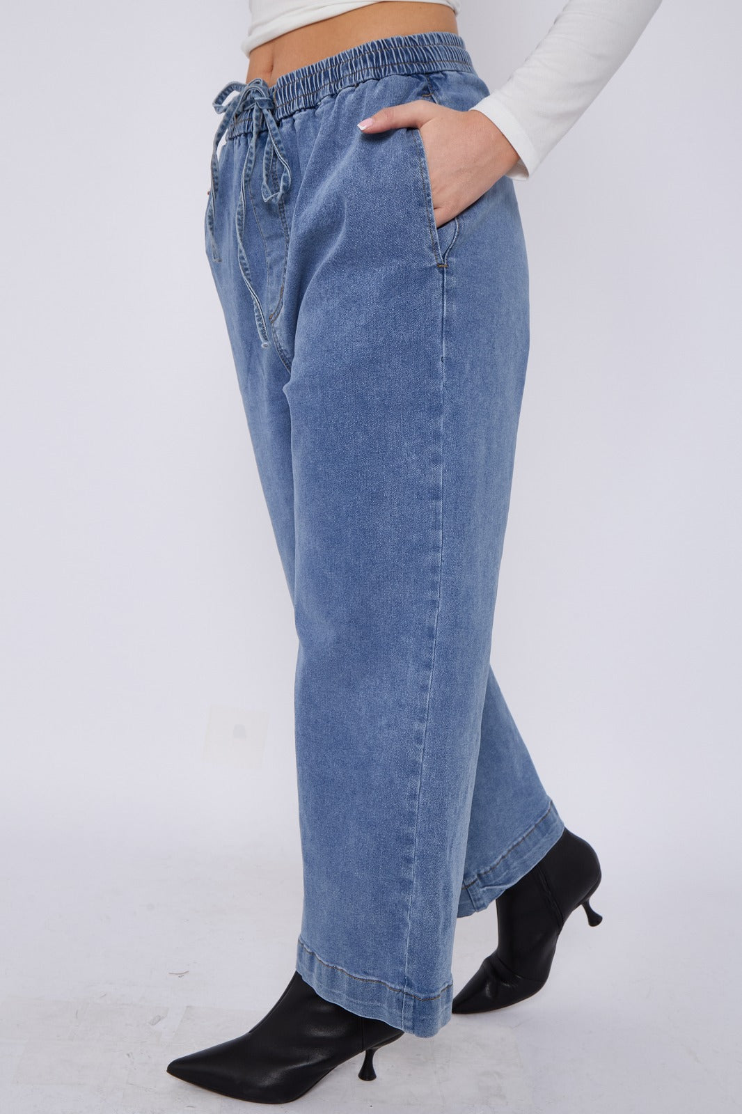 Blue Mid Wash Elastic Waist Wide Leg Denim Jeans